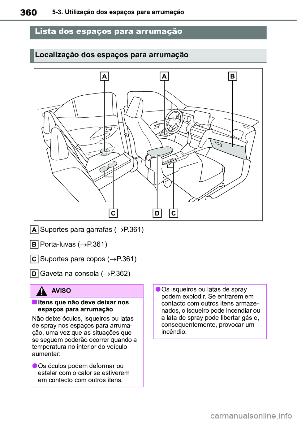 TOYOTA YARIS CROSS 2022  Manual de utilização (in Portuguese) 3605-3. Utilização dos espaços para arrumação
5-3.Utilização dos espaços para arrumação
Suportes para garrafas (P.361)
Porta-luvas (P.361)
Suportes para copos (P.361)
Gaveta na cons