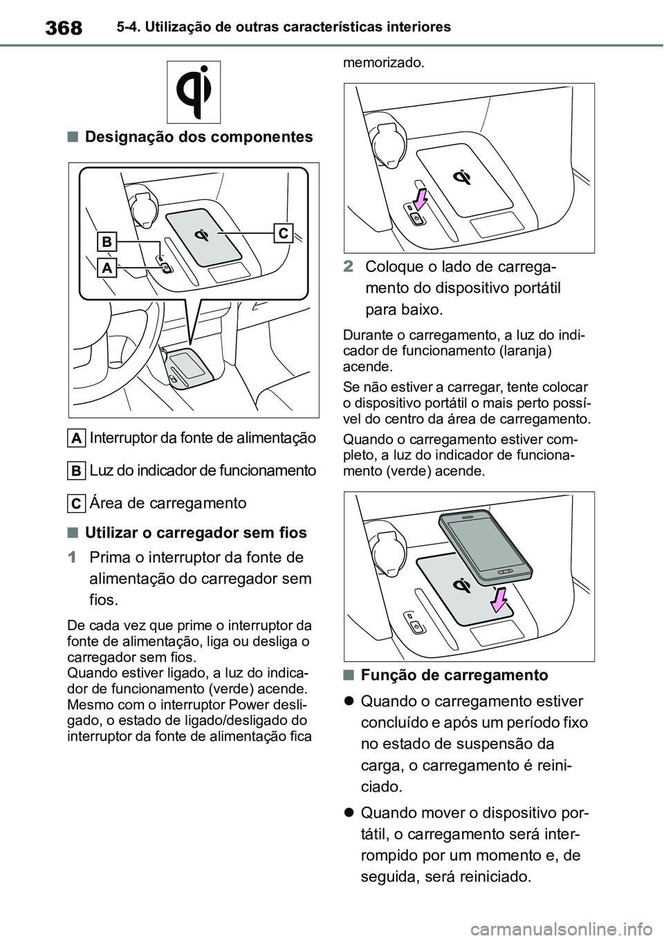 TOYOTA YARIS CROSS 2022  Manual de utilização (in Portuguese) 3685-4. Utilização de outras características interiores
Designação dos componentes
Interruptor da fonte de alimentação
Luz do indicador de funcionamento
Área de carregamento 
Utilizar o 