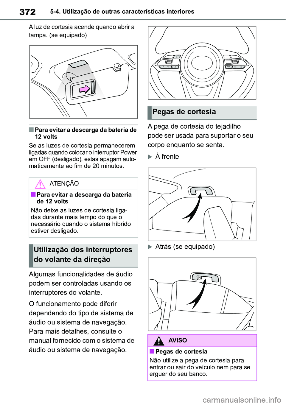 TOYOTA YARIS CROSS 2022  Manual de utilização (in Portuguese) 3725-4. Utilização de outras características interiores
A luz de cortesia acende quando abrir a 
tampa. (se equipado)
Para evitar a descarga da bateria de 
12 volts
Se as luzes de cortesia perma