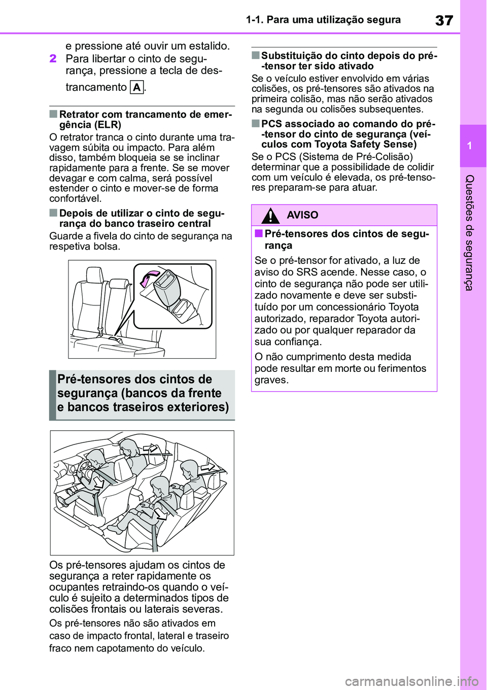 TOYOTA YARIS CROSS 2022 Manual de utilização (in Portuguese) 37
1 1-1. Para uma utilização segura
Questões de segurança
e pressione até ouvir um estalido.
2Para libertar o cinto de segu-
rança, pressione a tecla de des-
trancamento .
Retrator com tranc TOYOTA YARIS CROSS 2022 Manual de utilização (in Portuguese) 37
1 1-1. Para uma utilização segura
Questões de segurança
e pressione até ouvir um estalido.
2Para libertar o cinto de segu-
rança, pressione a tecla de des-
trancamento .
Retrator com tranc