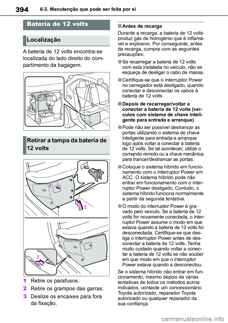 TOYOTA YARIS CROSS 2022  Manual de utilização (in Portuguese) 3946-3. Manutenção que pode ser feita por si
A bateria de 12 volts encontra-se 
localizada do lado direito do com-
partimento da bagagem.
1Retire os parafusos.
2Retire os grampos das garras.
3Desliz