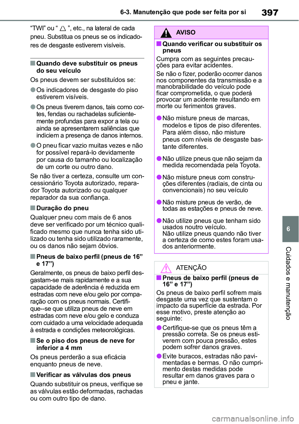 TOYOTA YARIS CROSS 2022  Manual de utilização (in Portuguese) 397
6 6-3. Manutenção que pode ser feita por si
Cuidados e manutenção
“TWI” ou “ ”, etc., na lateral de cada 
pneu. Substitua os pneus se os indicado-
res de desgaste estiverem visíveis.
