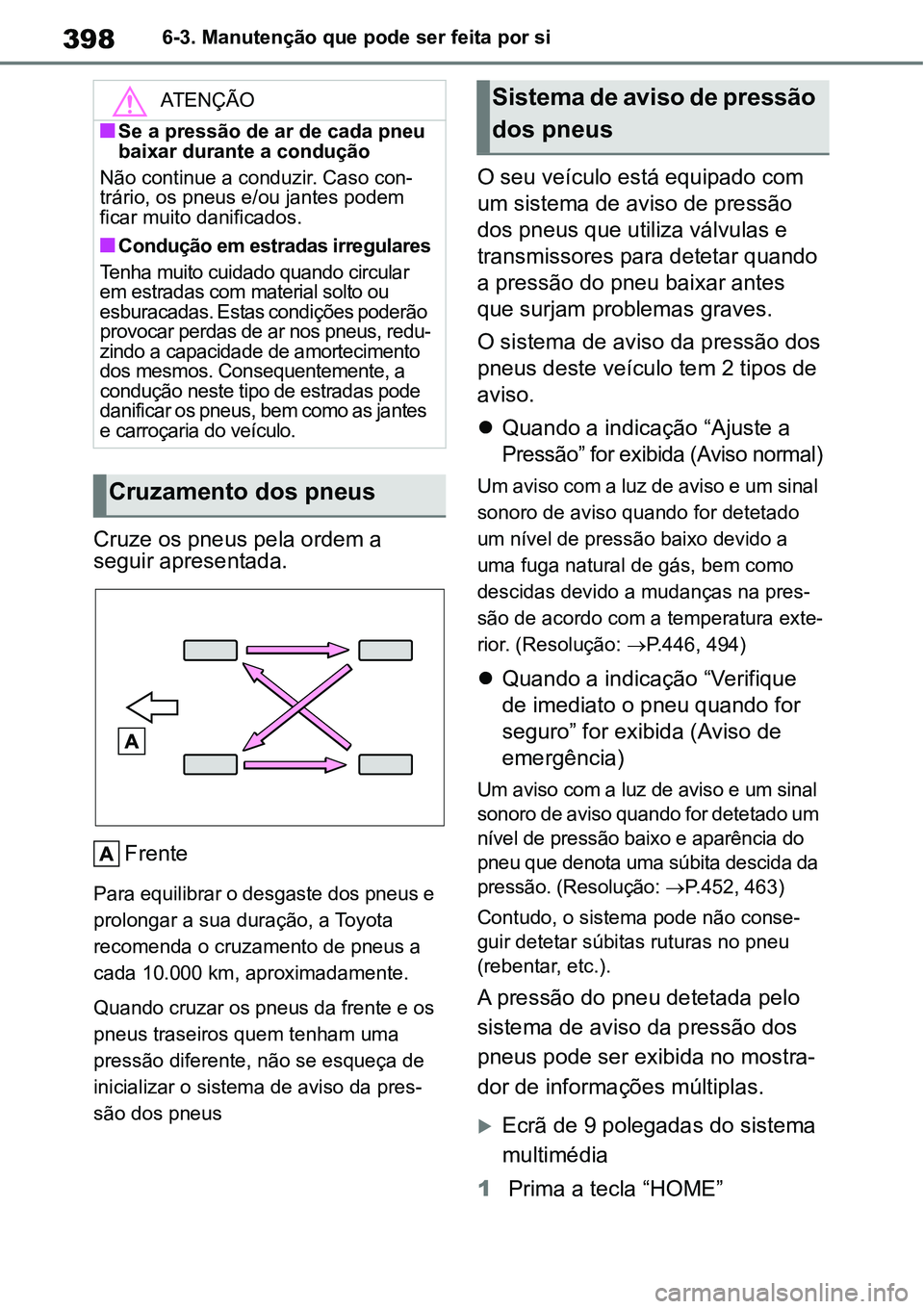TOYOTA YARIS CROSS 2022  Manual de utilização (in Portuguese) 3986-3. Manutenção que pode ser feita por si
Cruze os pneus pela ordem a 
seguir apresentada.
Frente
Para equilibrar o desgaste dos pneus e 
prolongar a sua duração, a Toyota 
recomenda o cruzamen
