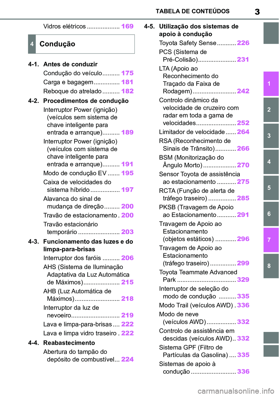 TOYOTA YARIS CROSS 2022 Manual de utilização (in Portuguese) 3TABELA DE CONTEÚDOS
1
6 5
4
3
2
8
7
Vidros elétricos ...................169
4-1. Antes de conduzir
Condução do veículo ..........
175
Carga e bagagem ...............181
Reboque do atrelado ..... TOYOTA YARIS CROSS 2022 Manual de utilização (in Portuguese) 3TABELA DE CONTEÚDOS
1
6 5
4
3
2
8
7
Vidros elétricos ...................169
4-1. Antes de conduzir
Condução do veículo ..........
175
Carga e bagagem ...............181
Reboque do atrelado .....