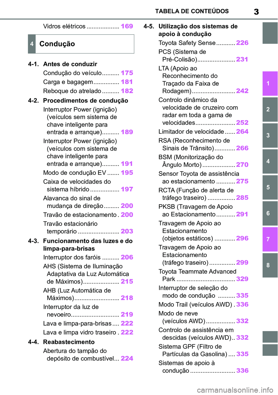 TOYOTA YARIS CROSS 2022  Manual de utilização (in Portuguese) 3TABELA DE CONTEÚDOS
1
6 5
4
3
2
8
7
Vidros elétricos ...................169
4-1. Antes de conduzir
Condução do veículo ..........
175
Carga e bagagem ...............181
Reboque do atrelado .....