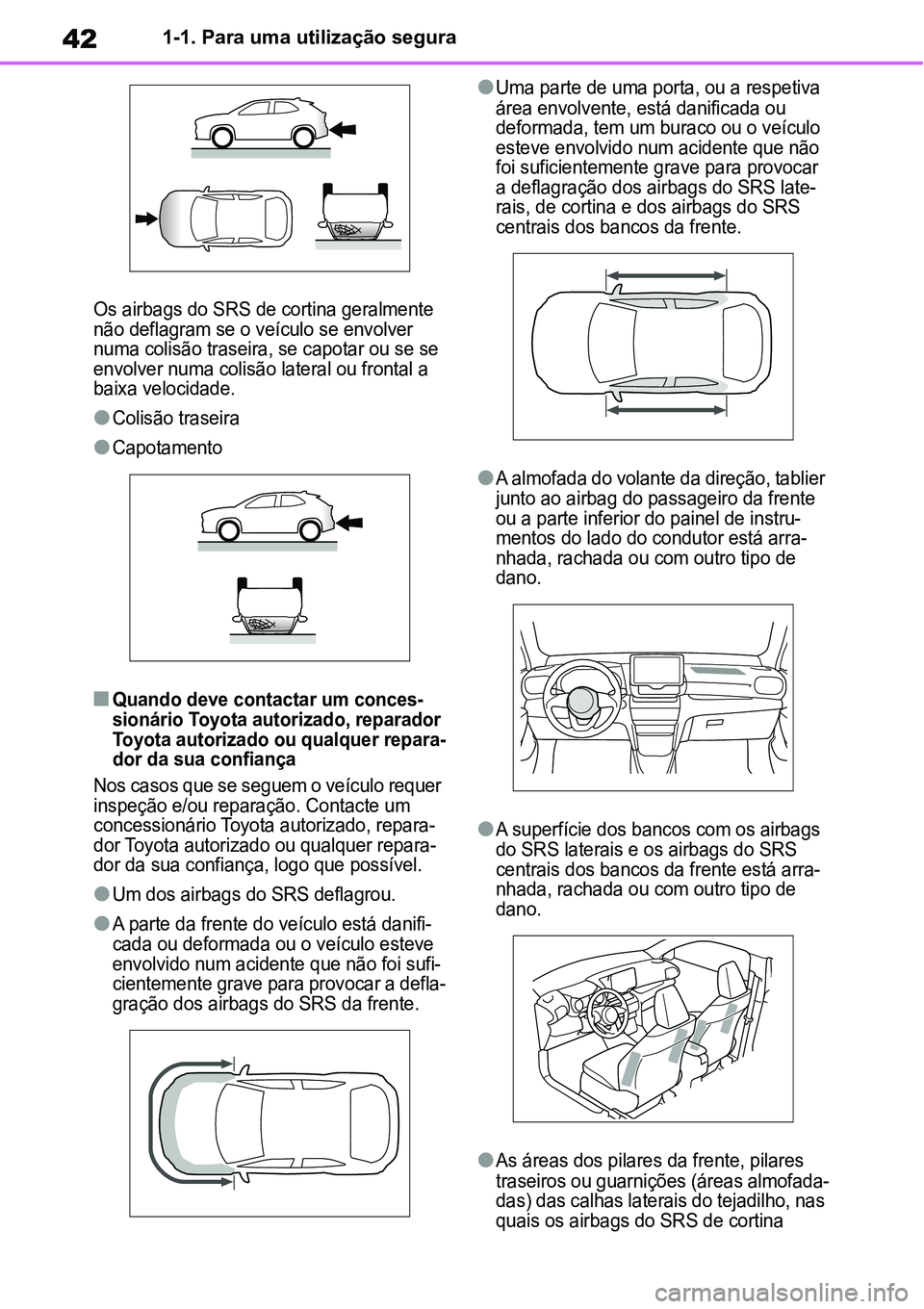 TOYOTA YARIS CROSS 2022 Manual de utilização (in Portuguese) 421-1. Para uma utilização segura
Os airbags do SRS de cortina geralmente
não deflagram se o veículo se envolver
numa colisão traseira, se capotar ou se se
envolver numa colisão lateral ou fr TOYOTA YARIS CROSS 2022 Manual de utilização (in Portuguese) 421-1. Para uma utilização segura
Os airbags do SRS de cortina geralmente
não deflagram se o veículo se envolver
numa colisão traseira, se capotar ou se se
envolver numa colisão lateral ou fr