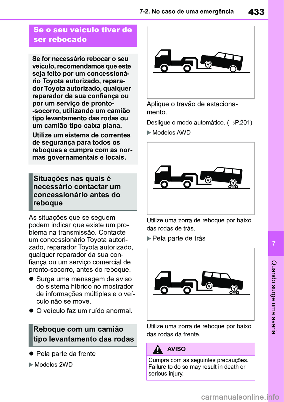TOYOTA YARIS CROSS 2022 Manual de utilização (in Portuguese) 433
7 7-2. No caso de uma emergência
Quando surge uma avaria
7-2.No caso de uma emergência
As situações que se seguem
podem indicar que existe um pro-
blema na transmissão. Contacte
um concessi TOYOTA YARIS CROSS 2022 Manual de utilização (in Portuguese) 433
7 7-2. No caso de uma emergência
Quando surge uma avaria
7-2.No caso de uma emergência
As situações que se seguem
podem indicar que existe um pro-
blema na transmissão. Contacte
um concessi