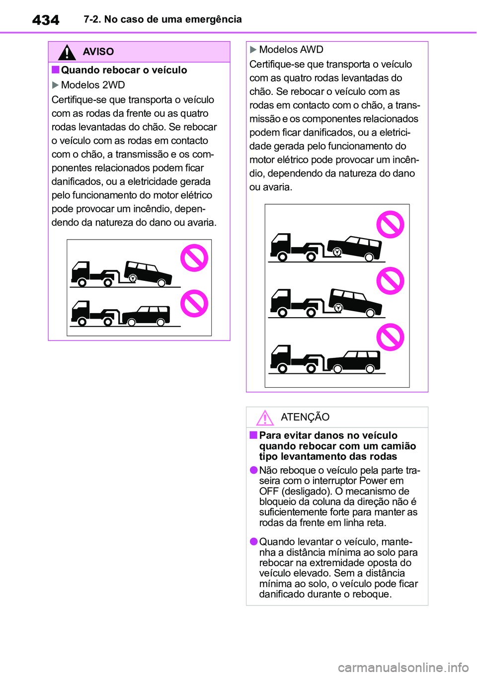 TOYOTA YARIS CROSS 2022 Manual de utilização (in Portuguese) 4347-2. No caso de uma emergência
AV I S O
Quando rebocar o veículo
Modelos 2WD
Certifique-se que transporta o veículo
com as rodas da frente ou as quatro
rodas levantadas do chão. Se rebo TOYOTA YARIS CROSS 2022 Manual de utilização (in Portuguese) 4347-2. No caso de uma emergência
AV I S O
Quando rebocar o veículo
Modelos 2WD
Certifique-se que transporta o veículo
com as rodas da frente ou as quatro
rodas levantadas do chão. Se rebo