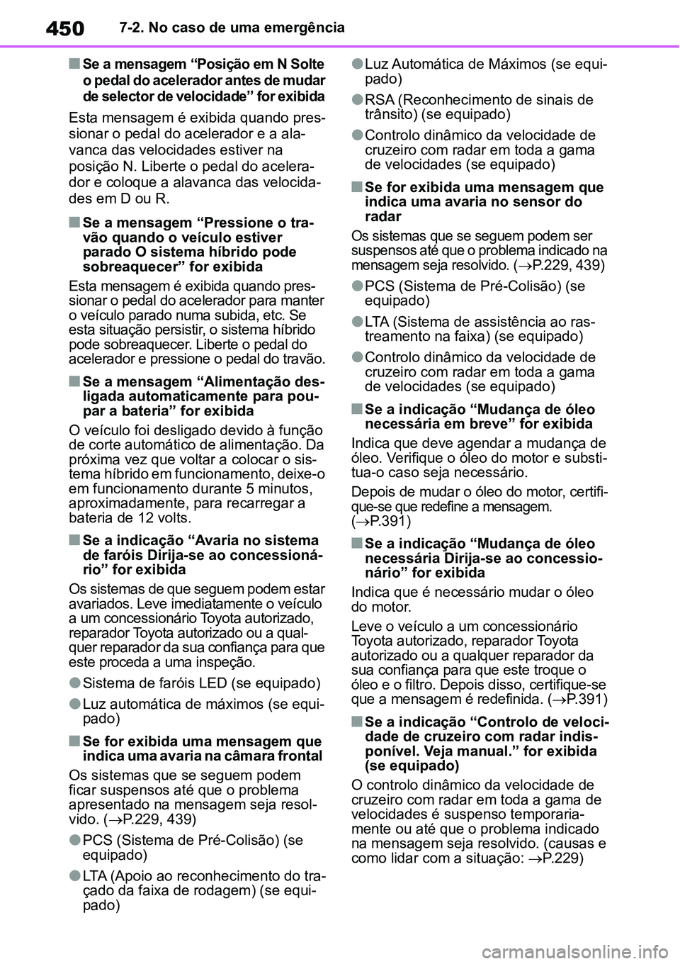 TOYOTA YARIS CROSS 2022 Manual de utilização (in Portuguese) 4507-2. No caso de uma emergência
Se a mensagem “Posição em N Solte
o pedal do acelerador antes de mudar
de selector de velocidade” for exibida
Esta mensagem é exibida quando pres-
siona TOYOTA YARIS CROSS 2022 Manual de utilização (in Portuguese) 4507-2. No caso de uma emergência
Se a mensagem “Posição em N Solte
o pedal do acelerador antes de mudar
de selector de velocidade” for exibida
Esta mensagem é exibida quando pres-
siona