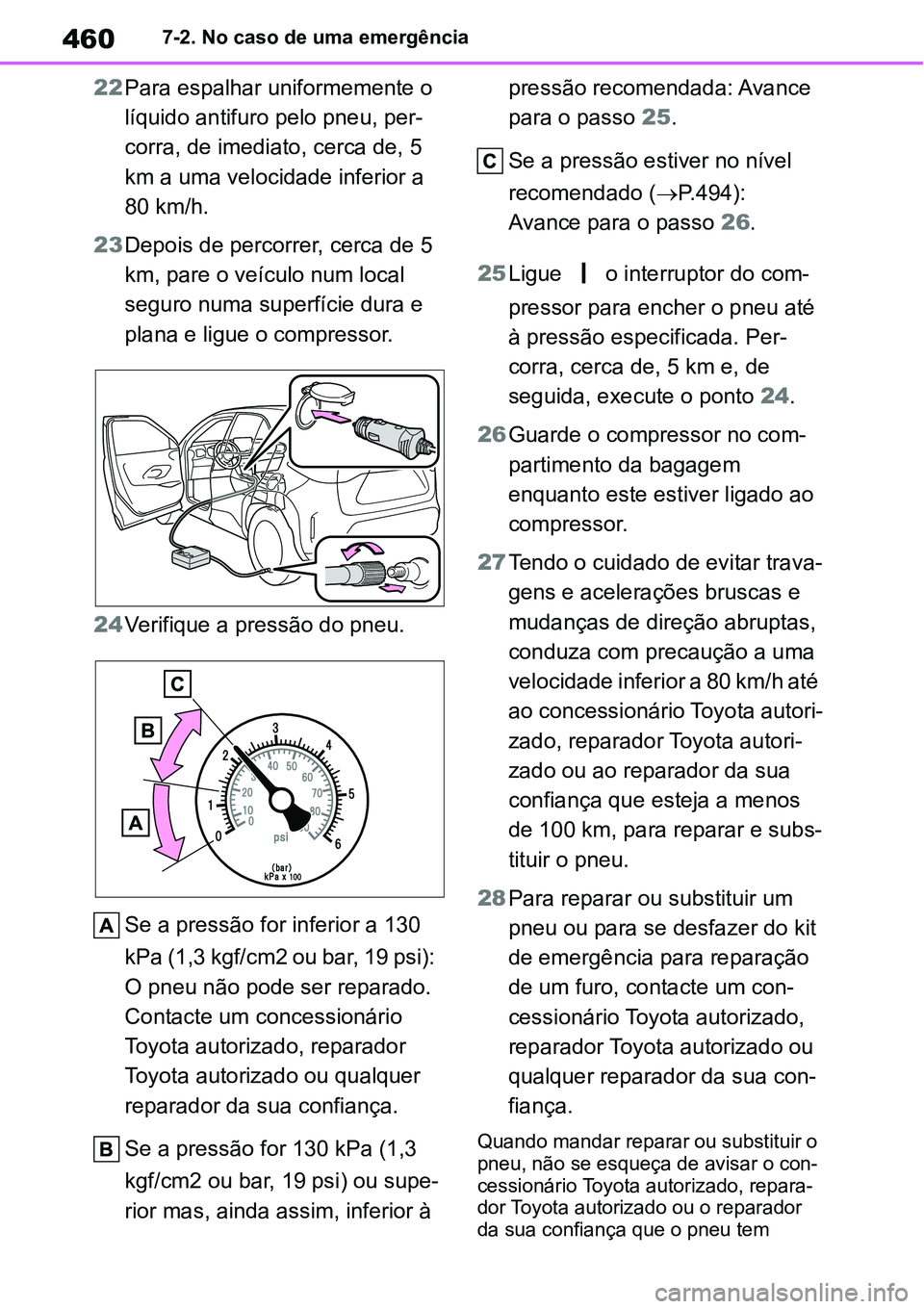 TOYOTA YARIS CROSS 2022  Manual de utilização (in Portuguese) 4607-2. No caso de uma emergência
22Para espalhar uniformemente o 
líquido antifuro pelo pneu, per-
corra, de imediato, cerca de, 5 
km a uma velocidade inferior a 
80 km/h.
23Depois de percorrer, c