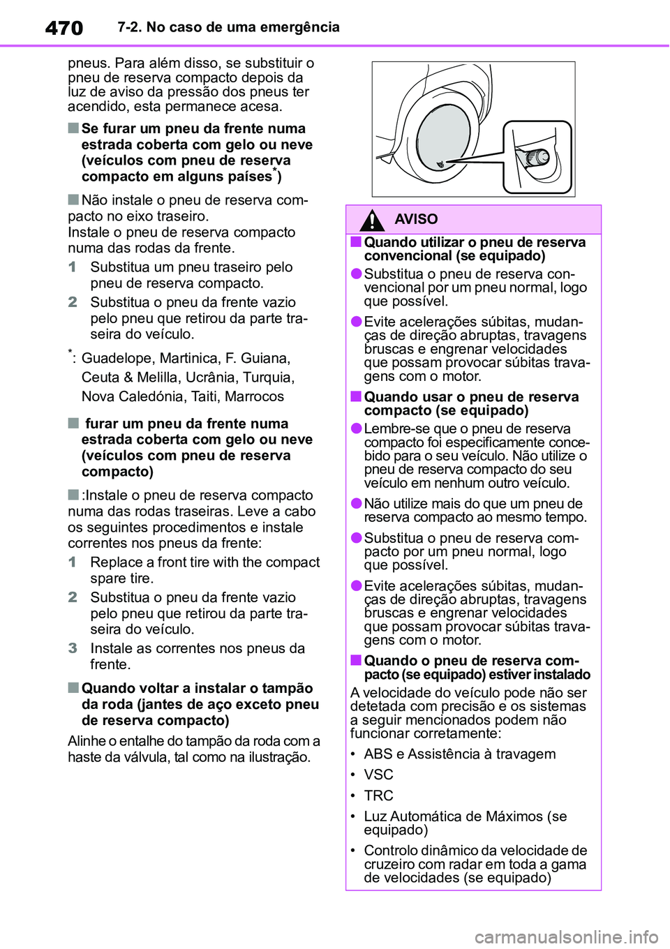 TOYOTA YARIS CROSS 2022 Manual de utilização (in Portuguese) 4707-2. No caso de uma emergência
pneus. Para além disso, se substituir o
pneu de reserva compacto depois da
luz de aviso da pressão dos pneus ter
acendido, esta permanece acesa.
Se furar um TOYOTA YARIS CROSS 2022 Manual de utilização (in Portuguese) 4707-2. No caso de uma emergência
pneus. Para além disso, se substituir o
pneu de reserva compacto depois da
luz de aviso da pressão dos pneus ter
acendido, esta permanece acesa.
Se furar um