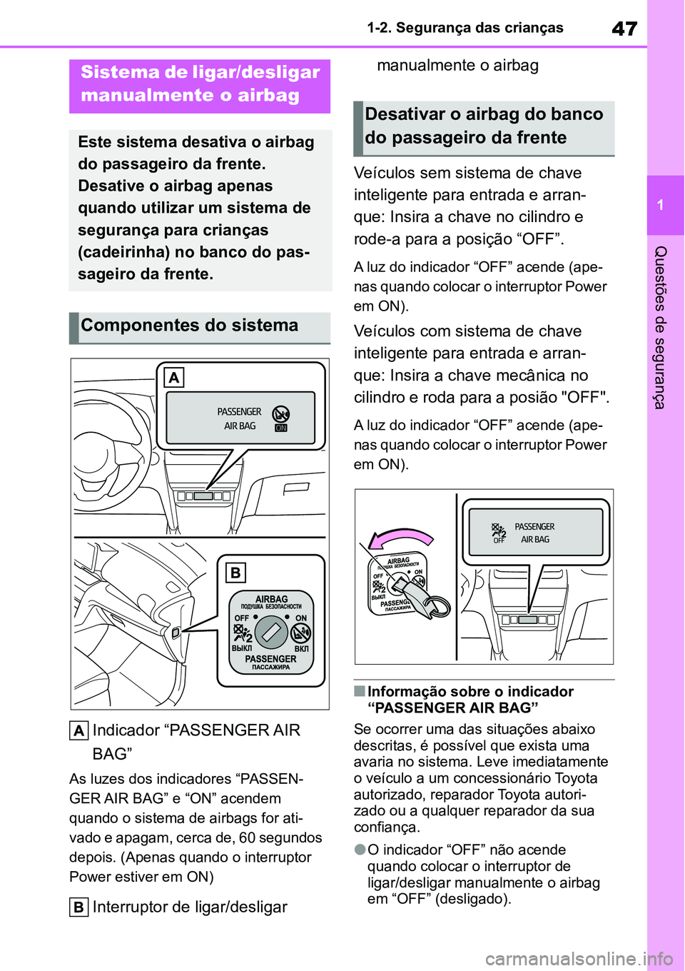TOYOTA YARIS CROSS 2022 Manual de utilização (in Portuguese) 47
1 1-2. Segurança das crianças
Questões de segurança
1-2.Segurança das crianças
Indicador “PASSENGER AIR
BAG”
As luzes dos indicadores “PASSEN-
GER AIR BAG” e “ON” acendem
quando TOYOTA YARIS CROSS 2022 Manual de utilização (in Portuguese) 47
1 1-2. Segurança das crianças
Questões de segurança
1-2.Segurança das crianças
Indicador “PASSENGER AIR
BAG”
As luzes dos indicadores “PASSEN-
GER AIR BAG” e “ON” acendem
quando