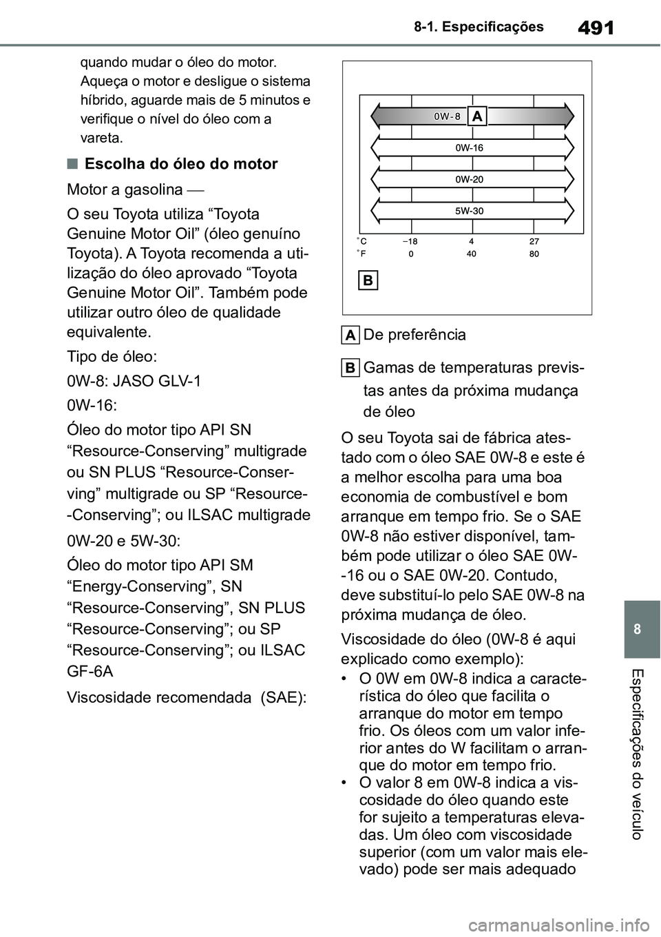 TOYOTA YARIS CROSS 2022 Manual de utilização (in Portuguese) 491
8 8-1. Especificações
Especificações do veículo
quando mudar o óleo do motor.
Aqueça o motor e desligue o sistema
híbrido, aguarde mais de 5 minutos e
verifique o nível do óleo com a TOYOTA YARIS CROSS 2022 Manual de utilização (in Portuguese) 491
8 8-1. Especificações
Especificações do veículo
quando mudar o óleo do motor.
Aqueça o motor e desligue o sistema
híbrido, aguarde mais de 5 minutos e
verifique o nível do óleo com a