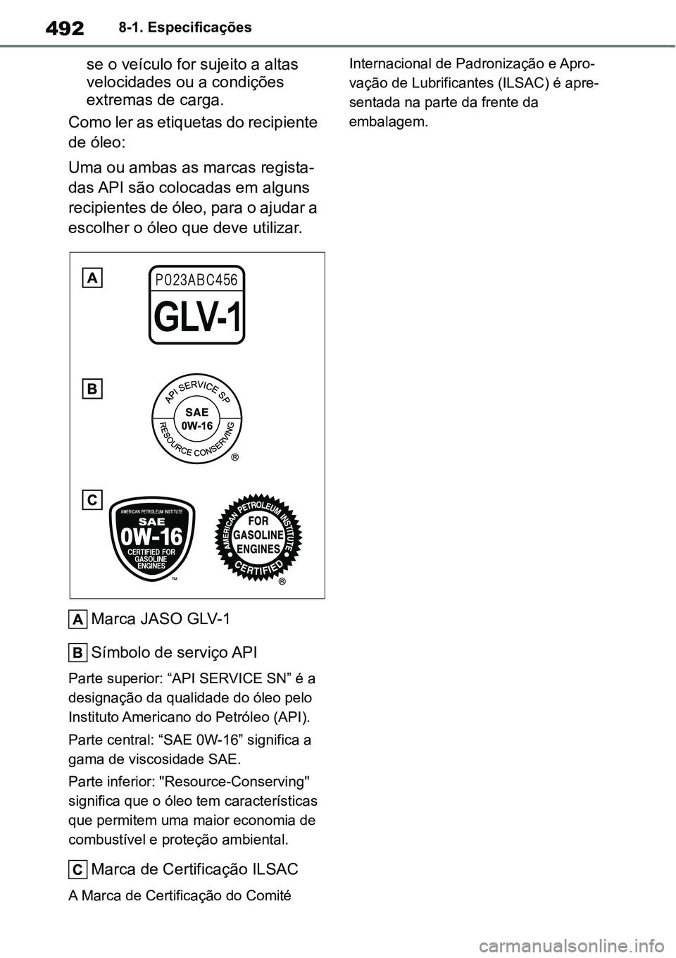 TOYOTA YARIS CROSS 2022 Manual de utilização (in Portuguese) 4928-1. Especificações
se o veículo for sujeito a altas
velocidades ou a condições
extremas de carga.
Como ler as etiquetas do recipiente
de óleo:
Uma ou ambas as marcas regista-
das API são TOYOTA YARIS CROSS 2022 Manual de utilização (in Portuguese) 4928-1. Especificações
se o veículo for sujeito a altas
velocidades ou a condições
extremas de carga.
Como ler as etiquetas do recipiente
de óleo:
Uma ou ambas as marcas regista-
das API são