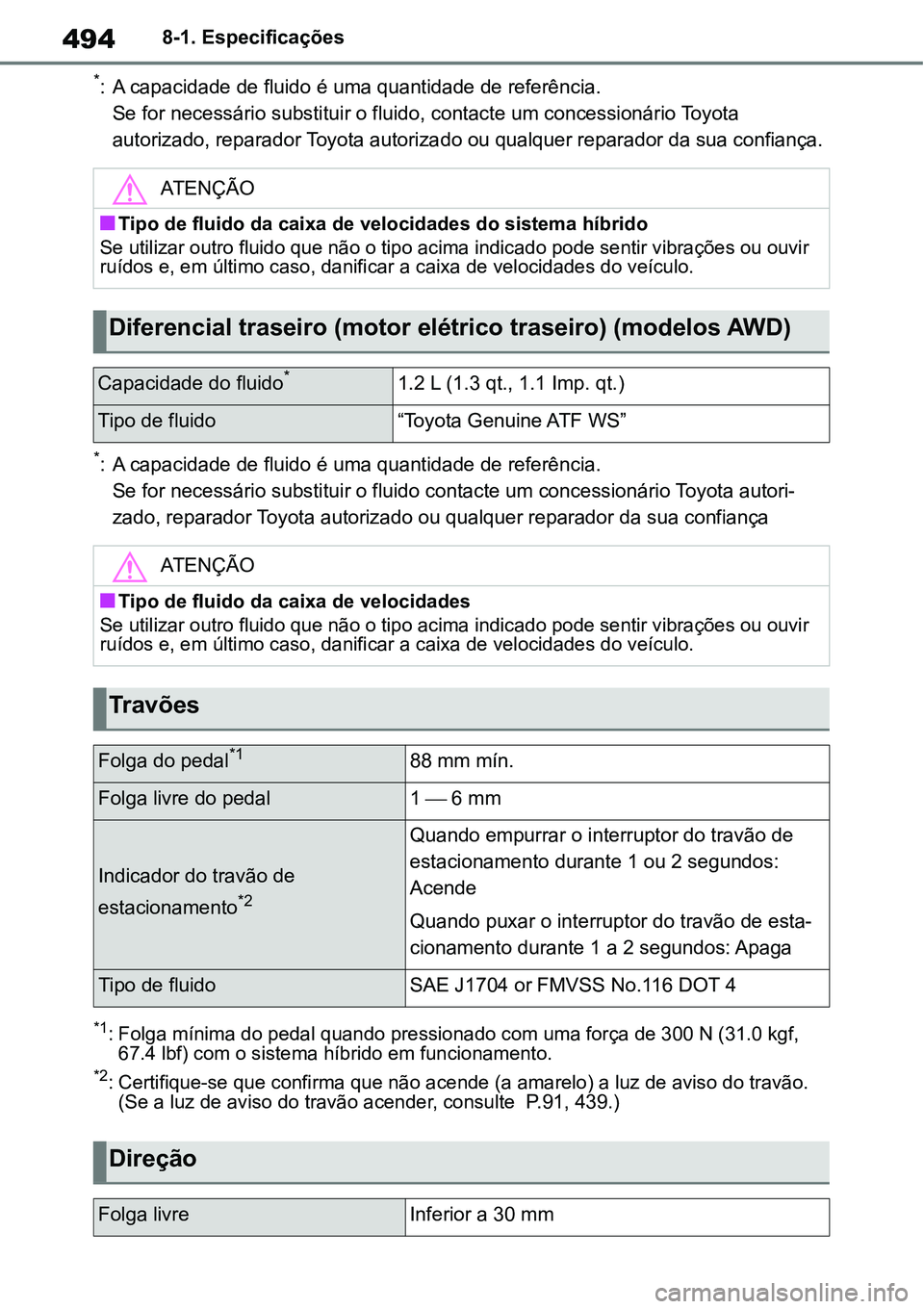 TOYOTA YARIS CROSS 2022 Manual de utilização (in Portuguese) 4948-1. Especificações
*: A capacidade de fluido é uma quantidade de referência.
Se for necessário substituir o fluido, contacte um concessionário Toyota
autorizado, reparador Toyota autorizado TOYOTA YARIS CROSS 2022 Manual de utilização (in Portuguese) 4948-1. Especificações
*: A capacidade de fluido é uma quantidade de referência.
Se for necessário substituir o fluido, contacte um concessionário Toyota
autorizado, reparador Toyota autorizado