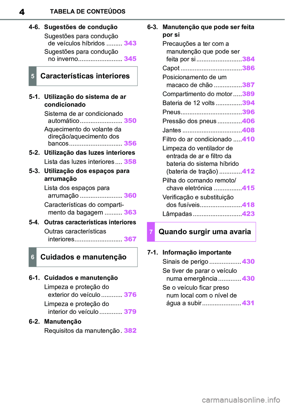TOYOTA YARIS CROSS 2022  Manual de utilização (in Portuguese) 4TABELA DE CONTEÚDOS
4-6. Sugestões de condução
Sugestões para condução 
de veículos híbridos .........
343
Sugestões para condução 
no inverno.........................
345
5-1. Utilizaç�