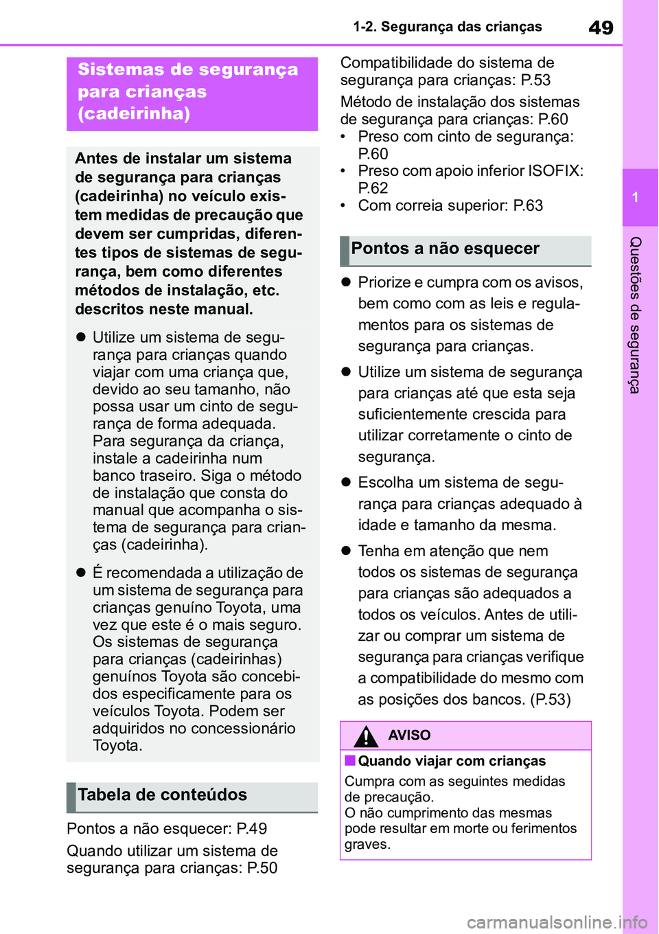 TOYOTA YARIS CROSS 2022 Manual de utilização (in Portuguese) 49
1 1-2. Segurança das crianças
Questões de segurança
Pontos a não esquecer: P.49
Quando utilizar um sistema de
segurança para crianças: P.50Compatibilidade do sistema de
segurança para cri TOYOTA YARIS CROSS 2022 Manual de utilização (in Portuguese) 49
1 1-2. Segurança das crianças
Questões de segurança
Pontos a não esquecer: P.49
Quando utilizar um sistema de
segurança para crianças: P.50Compatibilidade do sistema de
segurança para cri
