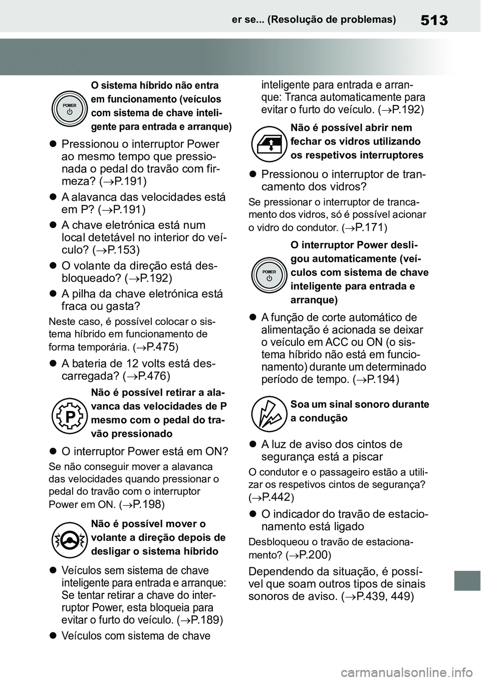 TOYOTA YARIS CROSS 2022 Manual de utilização (in Portuguese) 513er se... (Resolução de problemas)
Pressionou o interruptor Power
ao mesmo tempo que pressio-
nada o pedal do travão com fir-
meza? (P.191)
A alavanca das velocidades está
em P? (P TOYOTA YARIS CROSS 2022 Manual de utilização (in Portuguese) 513er se... (Resolução de problemas)
Pressionou o interruptor Power
ao mesmo tempo que pressio-
nada o pedal do travão com fir-
meza? (P.191)
A alavanca das velocidades está
em P? (P