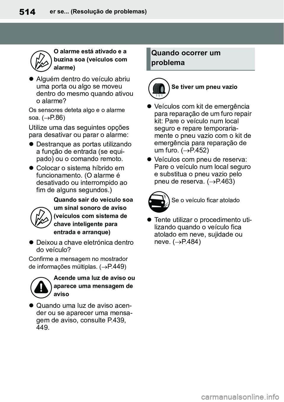 TOYOTA YARIS CROSS 2022 Manual de utilização (in Portuguese) 514er se... (Resolução de problemas)
Alguém dentro do veículo abriu
uma porta ou algo se moveu
dentro do mesmo quando ativou
o alarme?
Os sensores deteta algo e o alarme
soa. (
P. 8 6)
U TOYOTA YARIS CROSS 2022 Manual de utilização (in Portuguese) 514er se... (Resolução de problemas)
Alguém dentro do veículo abriu
uma porta ou algo se moveu
dentro do mesmo quando ativou
o alarme?
Os sensores deteta algo e o alarme
soa. (
P. 8 6)
U