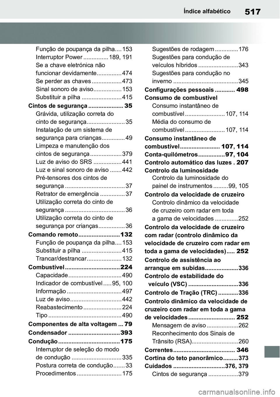 TOYOTA YARIS CROSS 2022 Manual de utilização (in Portuguese) 517Índice alfabético
Função de poupança da pilha.... 153
Interruptor Power ............... 189, 191
Se a chave eletrónica não
funcionar devidamente............... 474
Se perder as chaves ..... TOYOTA YARIS CROSS 2022 Manual de utilização (in Portuguese) 517Índice alfabético
Função de poupança da pilha.... 153
Interruptor Power ............... 189, 191
Se a chave eletrónica não
funcionar devidamente............... 474
Se perder as chaves .....