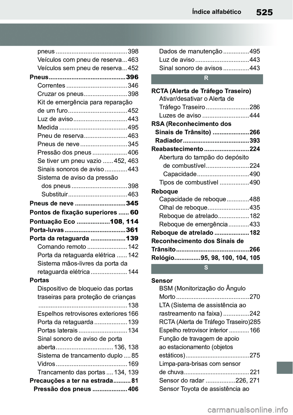 TOYOTA YARIS CROSS 2022 Manual de utilização (in Portuguese) 525Índice alfabético
pneus ......................................... 398
Veículos com pneu de reserva... 463
Veículos sem pneu de reserva... 452
Pneus............................................39 TOYOTA YARIS CROSS 2022 Manual de utilização (in Portuguese) 525Índice alfabético
pneus ......................................... 398
Veículos com pneu de reserva... 463
Veículos sem pneu de reserva... 452
Pneus............................................39