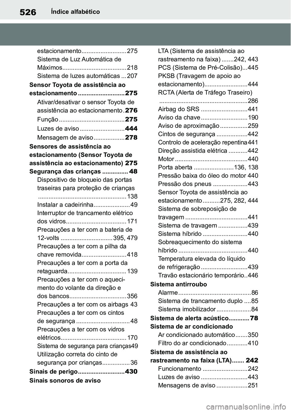 TOYOTA YARIS CROSS 2022 Manual de utilização (in Portuguese) 526Índice alfabético
estacionamento.......................... 275
Sistema de Luz Automática de
Máximos..................................... 218
Sistema de luzes automáticas ... 207
Sensor Toyota TOYOTA YARIS CROSS 2022 Manual de utilização (in Portuguese) 526Índice alfabético
estacionamento.......................... 275
Sistema de Luz Automática de
Máximos..................................... 218
Sistema de luzes automáticas ... 207
Sensor Toyota