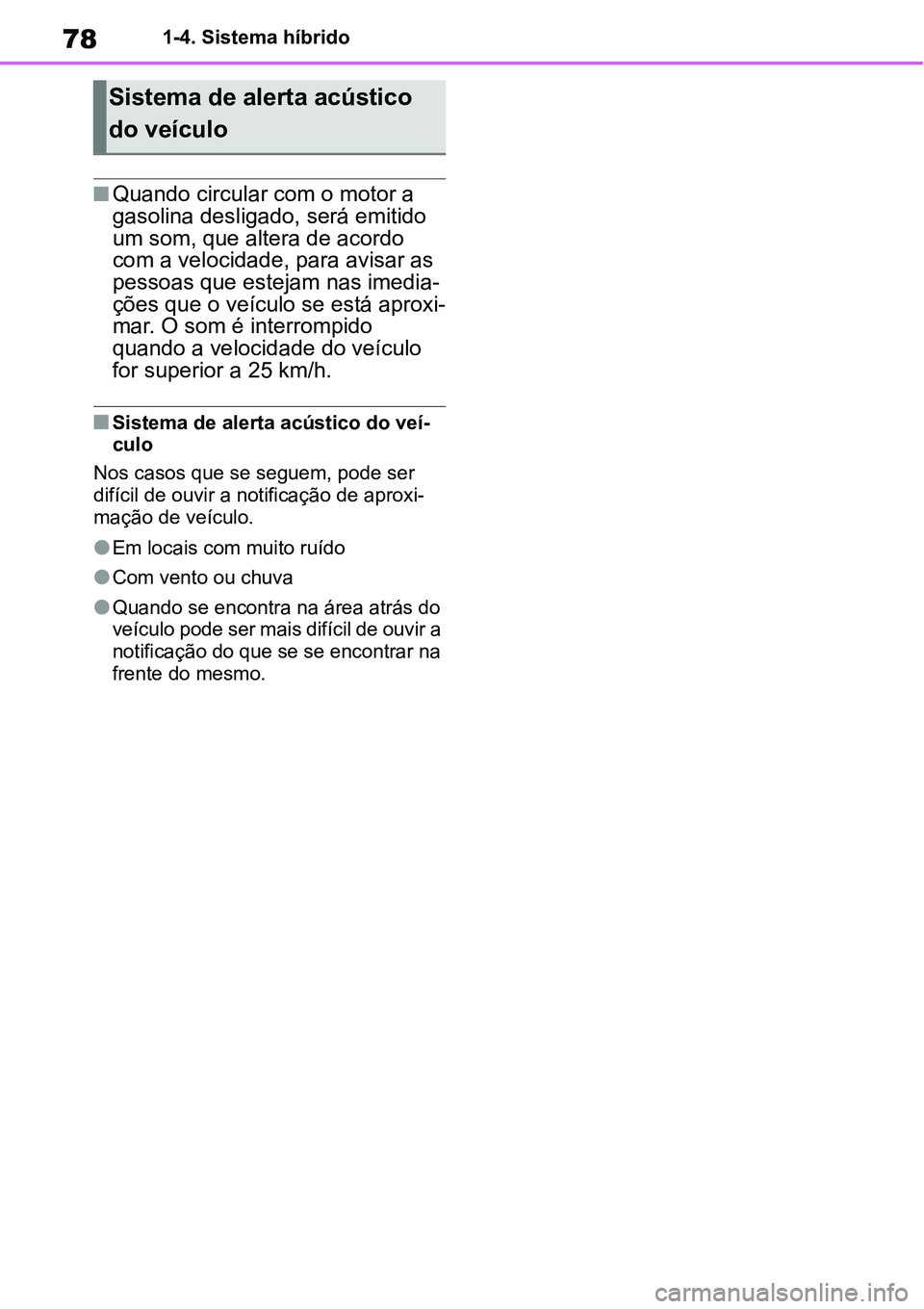 TOYOTA YARIS CROSS 2022 Manual de utilização (in Portuguese) 781-4. Sistema híbrido
Quando circular com o motor a
gasolina desligado, será emitido
um som, que altera de acordo
com a velocidade, para avisar as
pessoas que estejam nas imedia-
ções que TOYOTA YARIS CROSS 2022 Manual de utilização (in Portuguese) 781-4. Sistema híbrido
Quando circular com o motor a
gasolina desligado, será emitido
um som, que altera de acordo
com a velocidade, para avisar as
pessoas que estejam nas imedia-
ções que