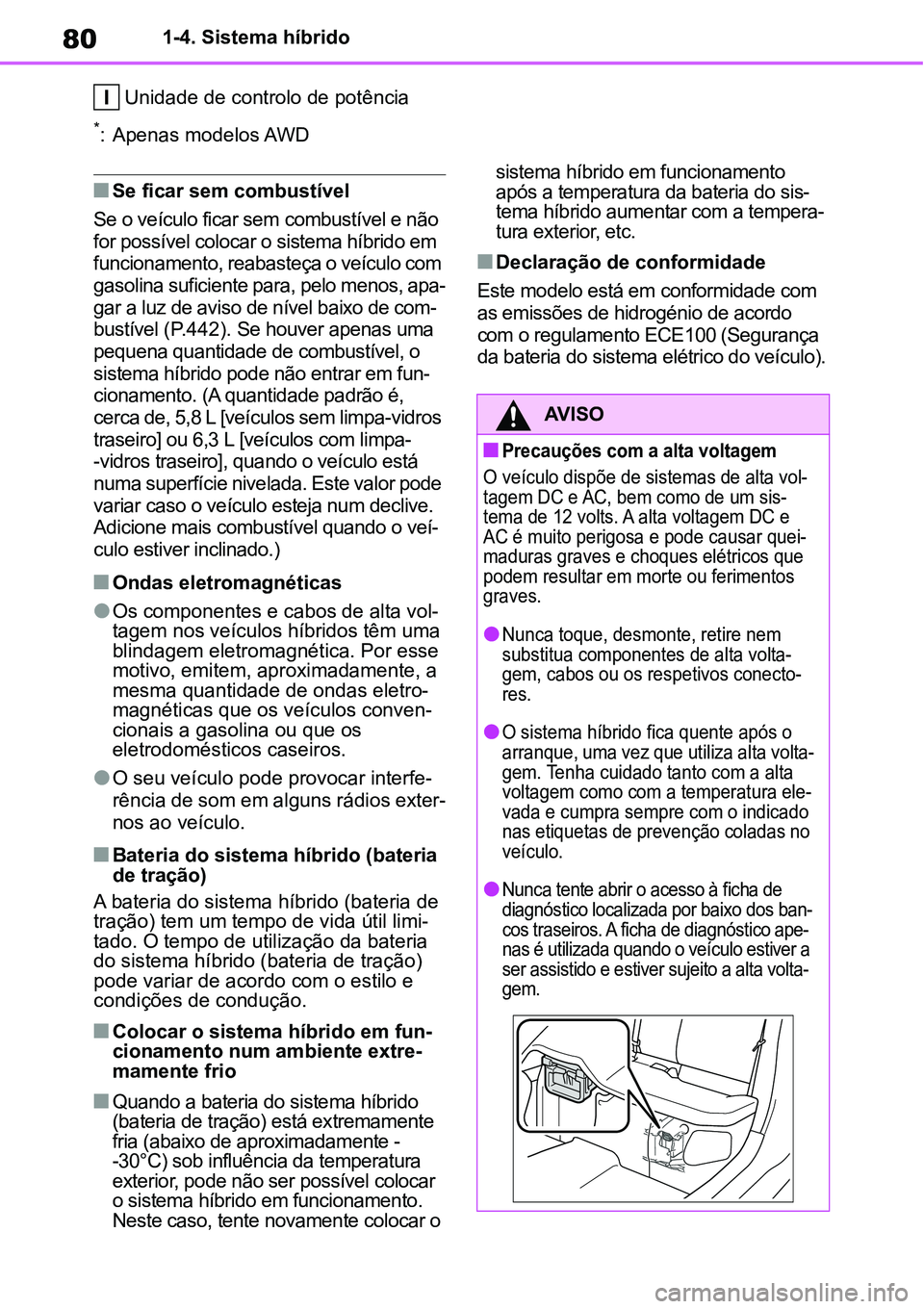 TOYOTA YARIS CROSS 2022 Manual de utilização (in Portuguese) 801-4. Sistema híbrido
Unidade de controlo de potência
*: Apenas modelos AWD
Se ficar sem combustível
Se o veículo ficar sem combustível e não
for possível colocar o sistema híbrido em
fu TOYOTA YARIS CROSS 2022 Manual de utilização (in Portuguese) 801-4. Sistema híbrido
Unidade de controlo de potência
*: Apenas modelos AWD
Se ficar sem combustível
Se o veículo ficar sem combustível e não
for possível colocar o sistema híbrido em
fu