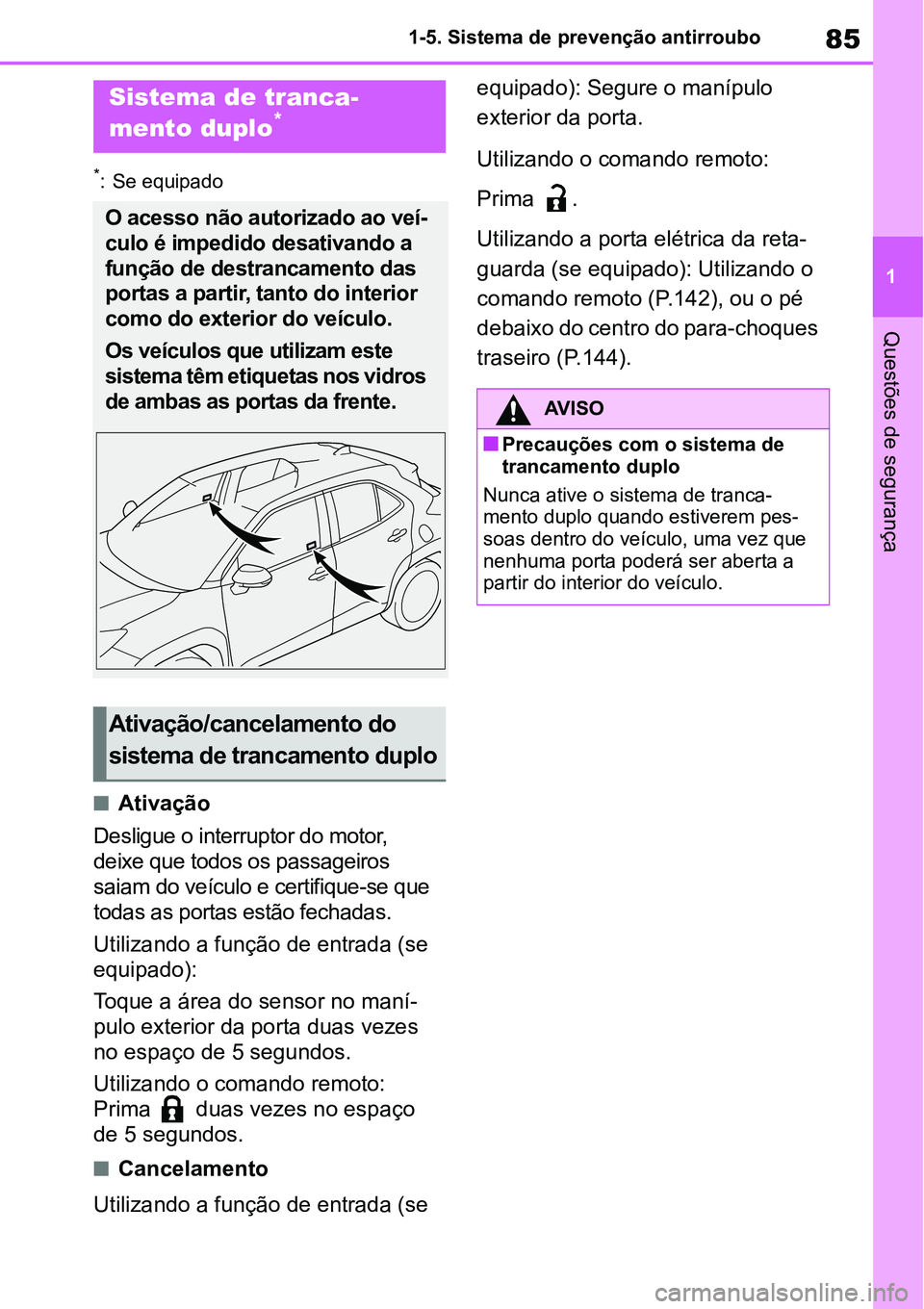 TOYOTA YARIS CROSS 2022 Manual de utilização (in Portuguese) 85
1 1-5. Sistema de prevenção antirroubo
Questões de segurança
*: Se equipado
Ativação
Desligue o interruptor do motor,
deixe que todos os passageiros
saiam do veículo e certifique-se que TOYOTA YARIS CROSS 2022 Manual de utilização (in Portuguese) 85
1 1-5. Sistema de prevenção antirroubo
Questões de segurança
*: Se equipado
Ativação
Desligue o interruptor do motor,
deixe que todos os passageiros
saiam do veículo e certifique-se que