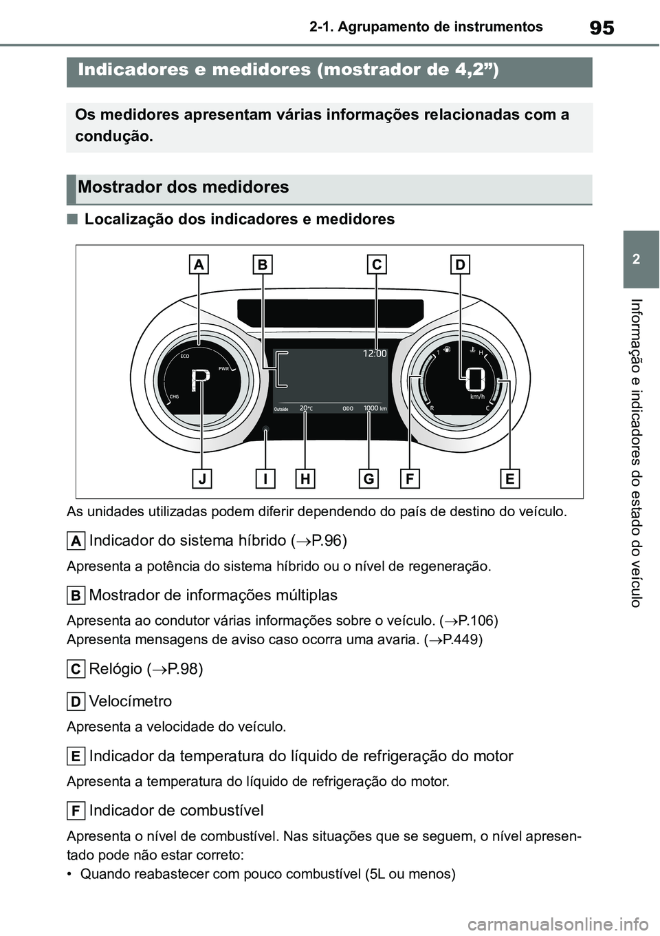 TOYOTA YARIS CROSS 2022  Manual de utilização (in Portuguese) 95
2 2-1. Agrupamento de instrumentos
Informação e indicadores do estado do veículo
Localização dos indicadores e medidores
As unidades utilizadas podem diferir dependendo do país de destino 
