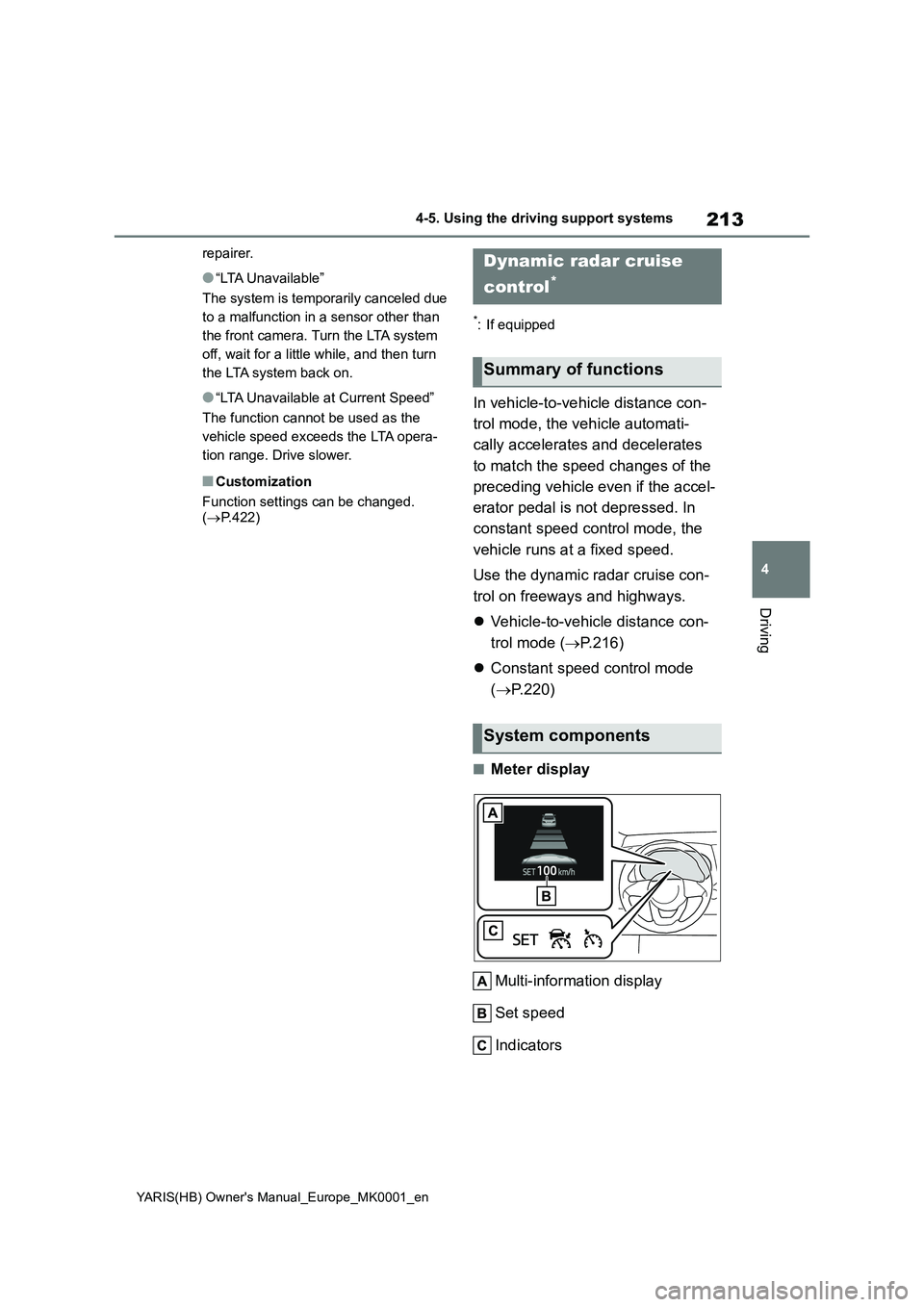 TOYOTA YARIS HATCHBACK 2021 Owners Manual 213
4
YARIS(HB) Owners Manual_Europe_MK0001_en
4-5. Using the driving support systems
Driving
repairer.
●“LTA Unavailable”
The system is temporarily canceled due
to a malfunction in a sensor o TOYOTA YARIS HATCHBACK 2021 Owners Manual 213
4
YARIS(HB) Owners Manual_Europe_MK0001_en
4-5. Using the driving support systems
Driving
repairer.
●“LTA Unavailable”
The system is temporarily canceled due
to a malfunction in a sensor o