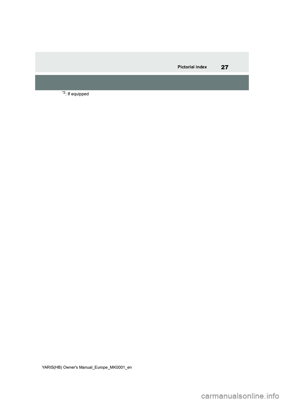 TOYOTA YARIS HATCHBACK 2021 Owners Manual 27
YARIS(HB) Owners Manual_Europe_MK0001_en
Pictorial index
*2: If equipped TOYOTA YARIS HATCHBACK 2021 Owners Manual 27
YARIS(HB) Owners Manual_Europe_MK0001_en
Pictorial index
*2: If equipped