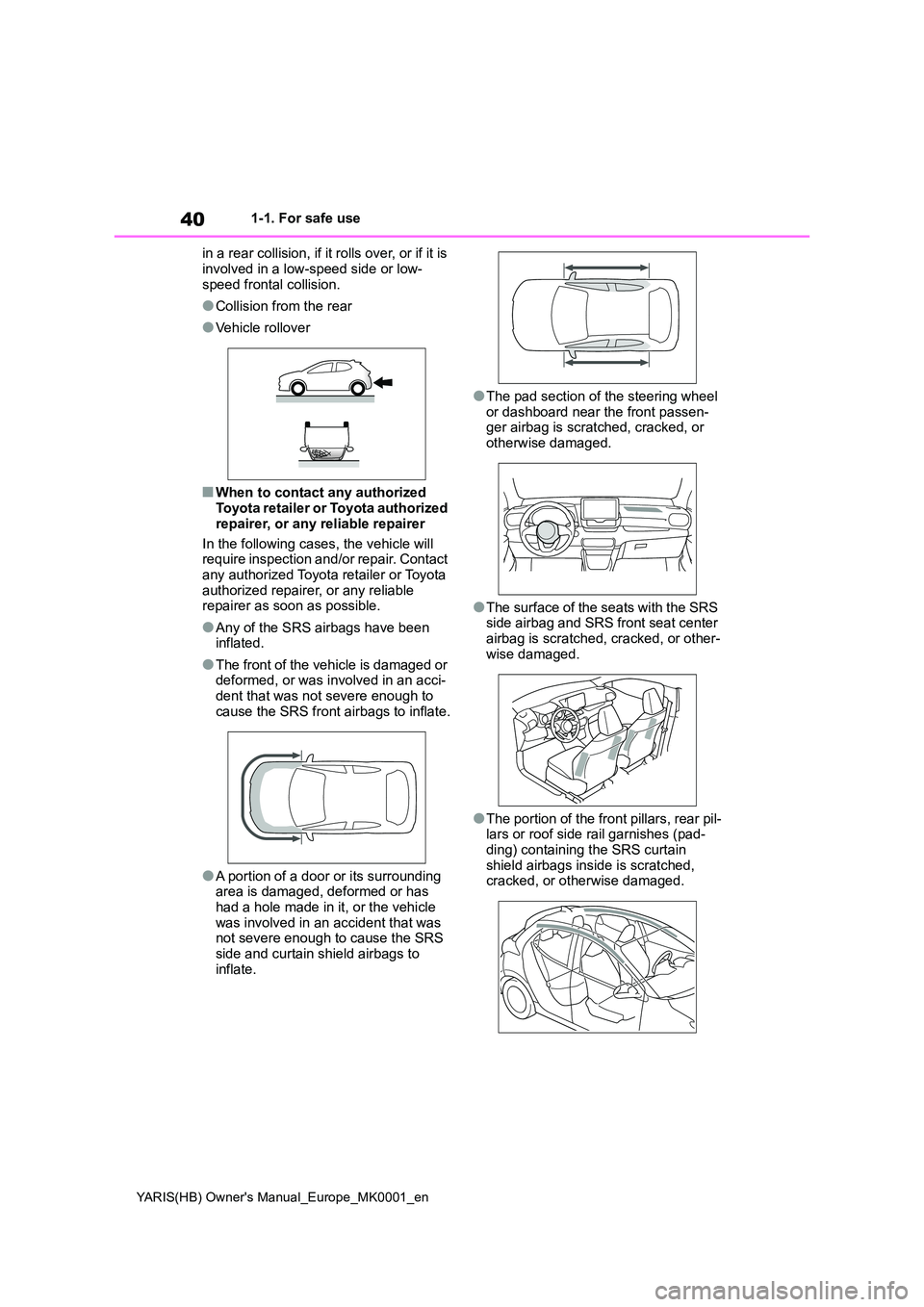 TOYOTA YARIS HATCHBACK 2021 Owners Guide 40
YARIS(HB) Owners Manual_Europe_MK0001_en
1-1. For safe use 
in a rear collision, if it rolls over, or if it is  
involved in a low-speed side or low- speed frontal collision.
●Collision from the