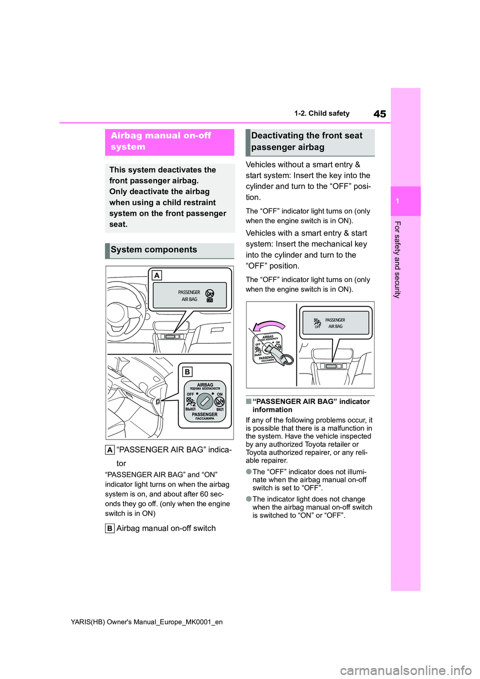 TOYOTA YARIS HATCHBACK 2021 Service Manual 45
1
YARIS(HB) Owners Manual_Europe_MK0001_en
1-2. Child safety
For safety and security
1-2.Child sa fety
“PASSENGER AIR BAG” indica-
tor
“PASSENGER AIR BAG” and “ON”
indicator light TOYOTA YARIS HATCHBACK 2021 Service Manual 45
1
YARIS(HB) Owners Manual_Europe_MK0001_en
1-2. Child safety
For safety and security
1-2.Child sa fety
“PASSENGER AIR BAG” indica-
tor
“PASSENGER AIR BAG” and “ON”
indicator light