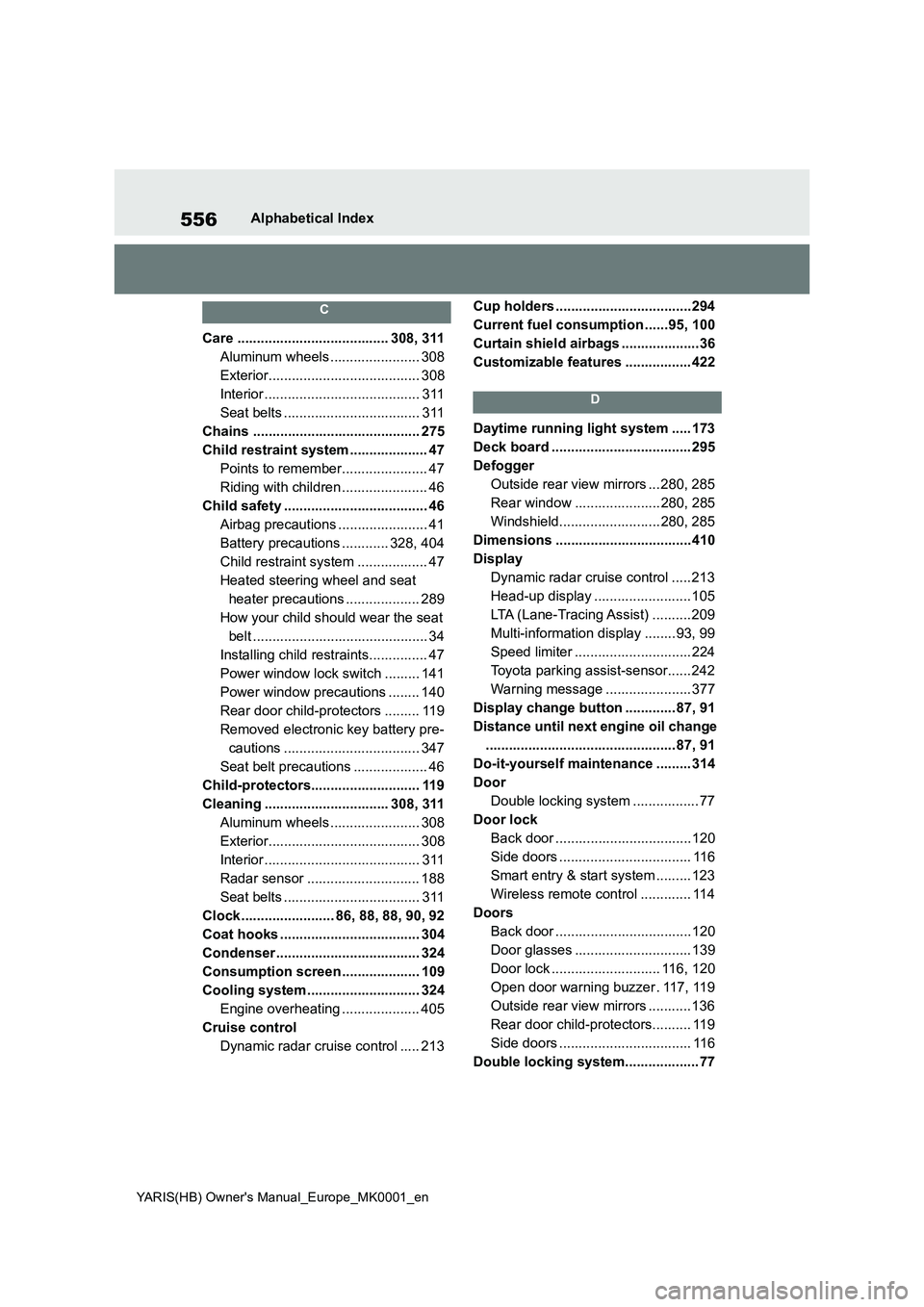 TOYOTA YARIS HATCHBACK 2021  Owners Manual 556
YARIS(HB) Owners Manual_Europe_MK0001_en
Alphabetical Index
C
Care ....................................... 308, 311
Aluminum wheels ....................... 308
Exterior...........................