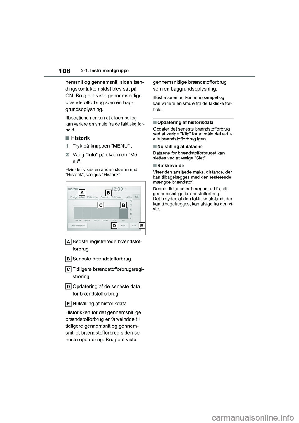 TOYOTA YARIS HATCHBACK 2021 Brugsanvisning (in Danish) 108
YARIS(HB) Owners Manual_Europe_MK0001_da
2-1. Instrumentgruppe
nemsnit og gennemsnit, siden tæn-
dingskontakten sidst blev sat på
ON. Brug det viste gennemsnitlige
brændstofforbrug som en ba TOYOTA YARIS HATCHBACK 2021 Brugsanvisning (in Danish) 108
YARIS(HB) Owners Manual_Europe_MK0001_da
2-1. Instrumentgruppe
nemsnit og gennemsnit, siden tæn-
dingskontakten sidst blev sat på
ON. Brug det viste gennemsnitlige
brændstofforbrug som en ba