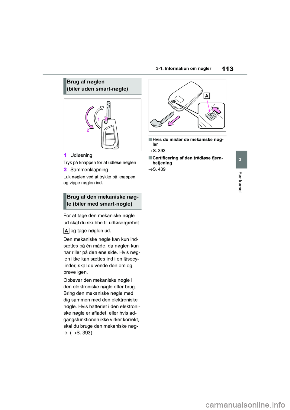 TOYOTA YARIS HATCHBACK 2021 Brugsanvisning (in Danish) 113
3
YARIS(HB) Owners Manual_Europe_MK0001_da
3-1. Information om nøgler
Før kørsel
1Udløsning
Tryk på knappen for at udløse nøglen
2Sammenklapning
Luk nøglen ved at trykke på knappen
og v TOYOTA YARIS HATCHBACK 2021 Brugsanvisning (in Danish) 113
3
YARIS(HB) Owners Manual_Europe_MK0001_da
3-1. Information om nøgler
Før kørsel
1Udløsning
Tryk på knappen for at udløse nøglen
2Sammenklapning
Luk nøglen ved at trykke på knappen
og v