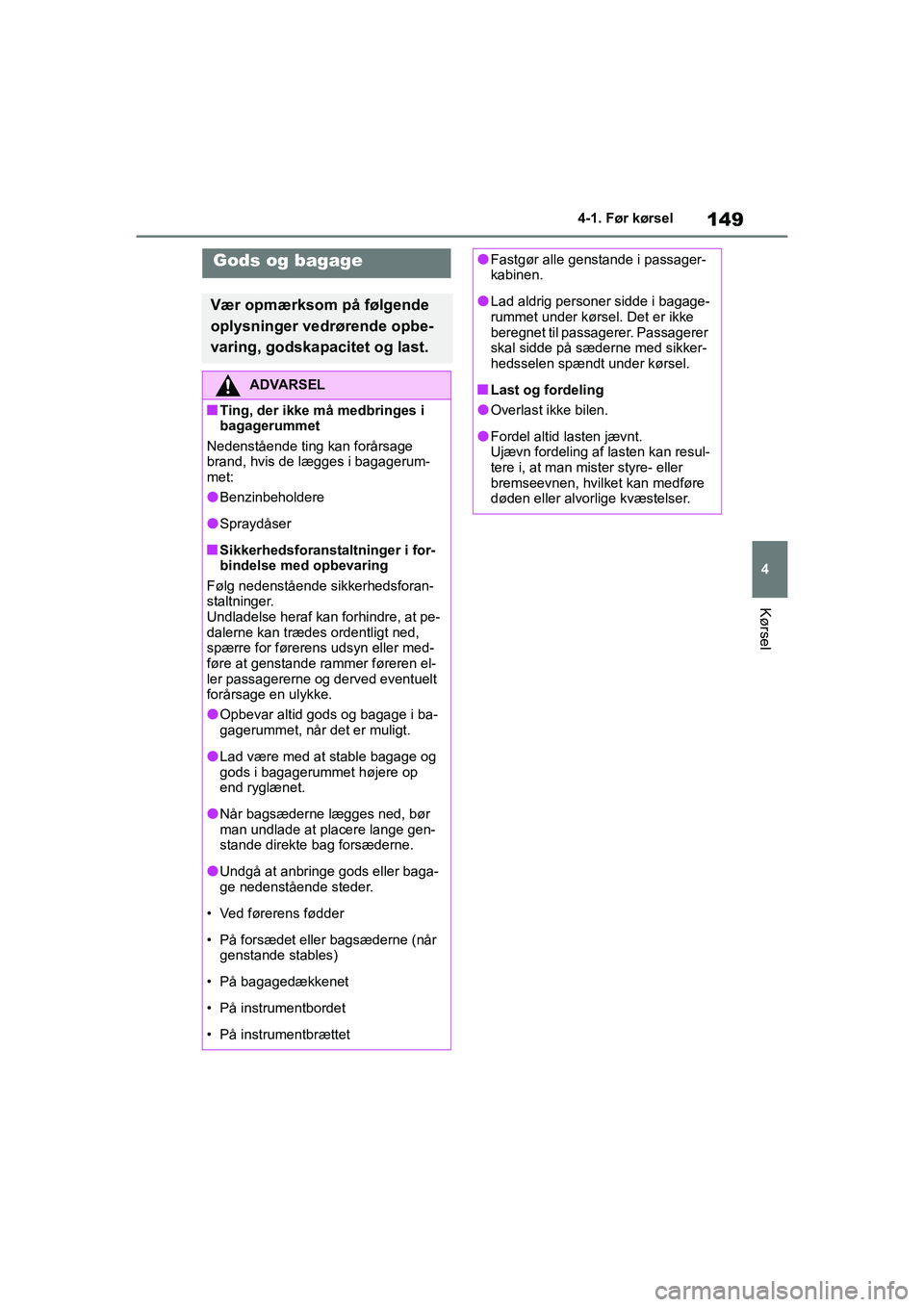 TOYOTA YARIS HATCHBACK 2021  Brugsanvisning (in Danish) 149
4
YARIS(HB) Owners Manual_Europe_MK0001_da
4-1. Før kørsel
Kørsel
Gods og bagage
Vær opmærksom på følgende 
oplysninger vedrørende opbe-
varing, godskapacitet og last.
ADVARSEL
nTing, der