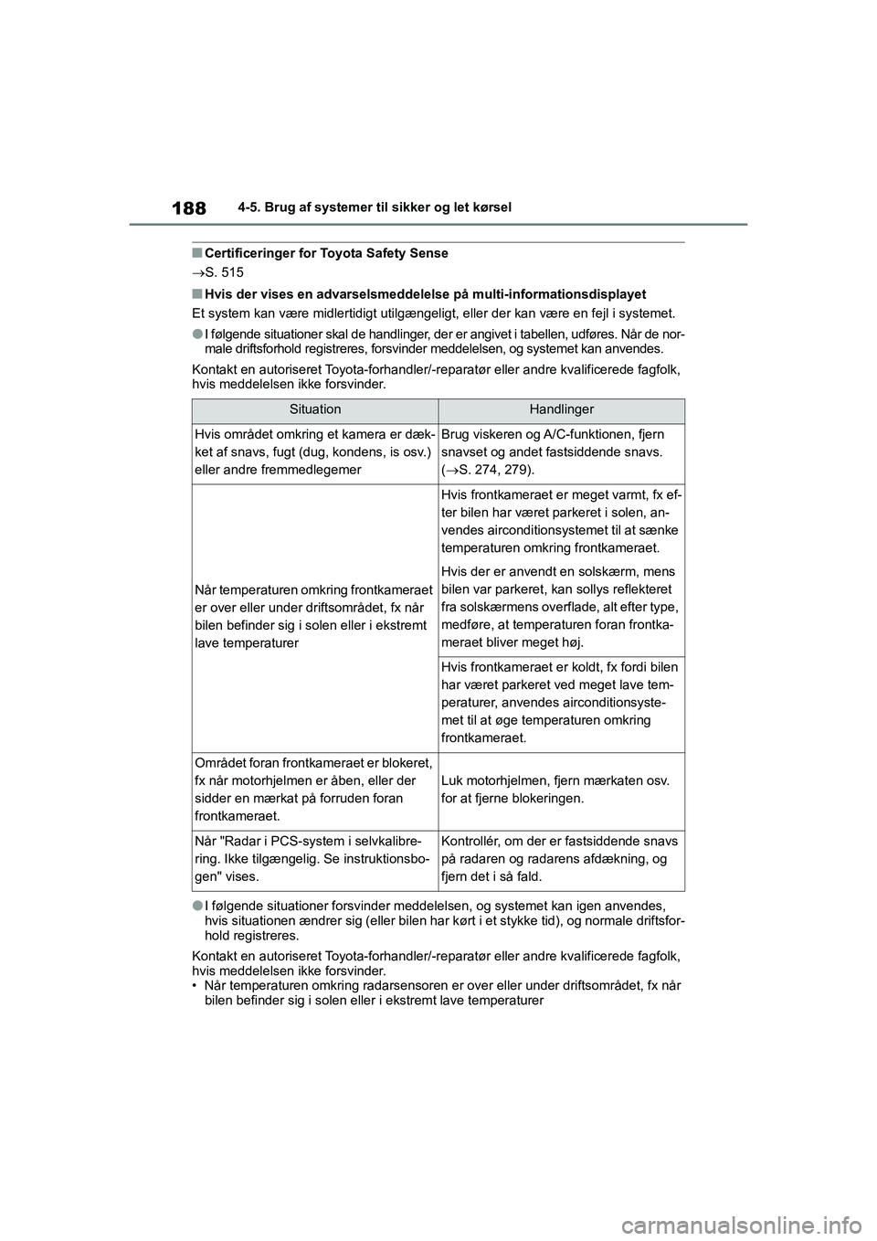 TOYOTA YARIS HATCHBACK 2021 Brugsanvisning (in Danish) 188
YARIS(HB) Owners Manual_Europe_MK0001_da
4-5. Brug af systemer til sikker og let kørsel
nCertificeringer for Toyota Safety Sense
S. 515
nHvis der vises en advarselsmeddelelse på multi-inform TOYOTA YARIS HATCHBACK 2021 Brugsanvisning (in Danish) 188
YARIS(HB) Owners Manual_Europe_MK0001_da
4-5. Brug af systemer til sikker og let kørsel
nCertificeringer for Toyota Safety Sense
S. 515
nHvis der vises en advarselsmeddelelse på multi-inform