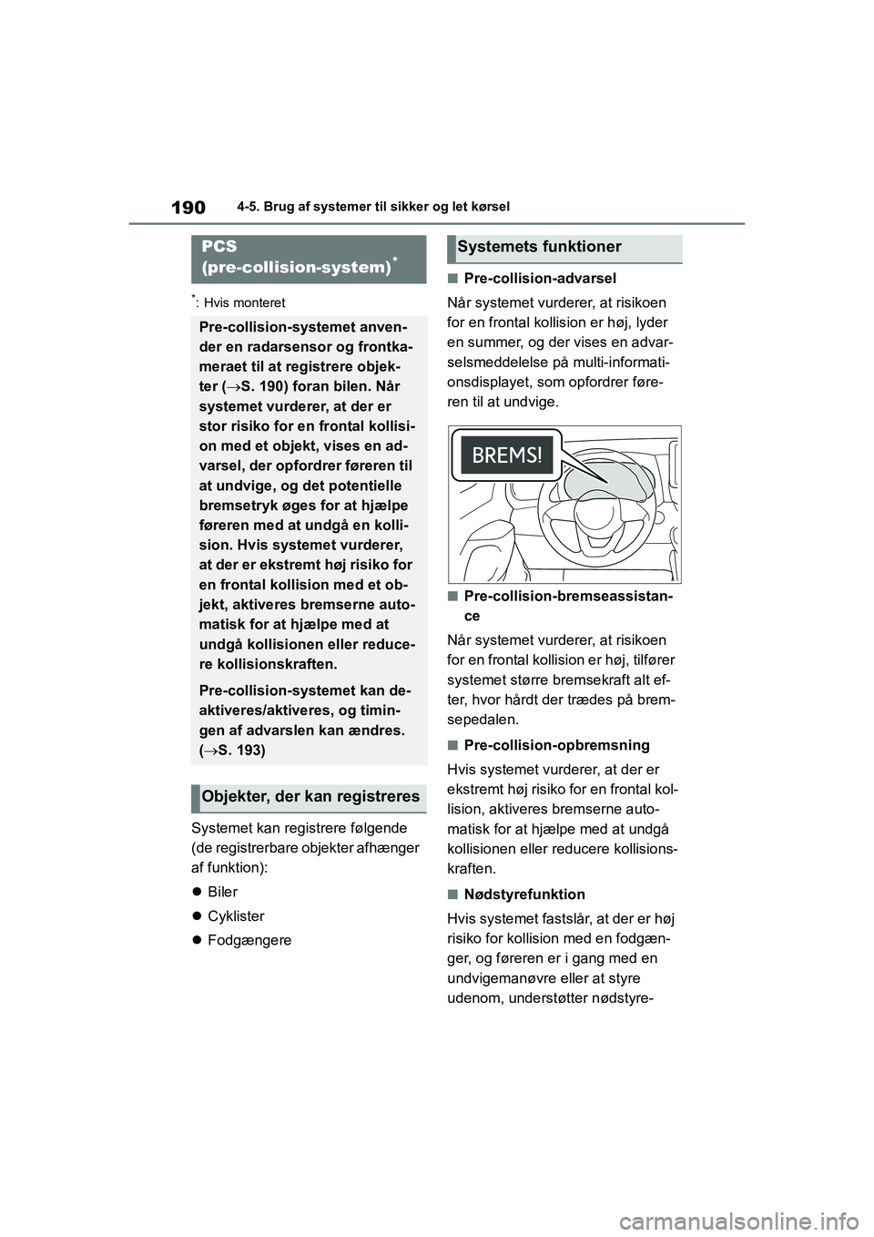 TOYOTA YARIS HATCHBACK 2021 Brugsanvisning (in Danish) 190
YARIS(HB) Owners Manual_Europe_MK0001_da
4-5. Brug af systemer til sikker og let kørsel
*: Hvis monteret
Systemet kan registrere følgende
(de registrerbare objekter afhænger
af funktion):
TOYOTA YARIS HATCHBACK 2021 Brugsanvisning (in Danish) 190
YARIS(HB) Owners Manual_Europe_MK0001_da
4-5. Brug af systemer til sikker og let kørsel
*: Hvis monteret
Systemet kan registrere følgende
(de registrerbare objekter afhænger
af funktion):