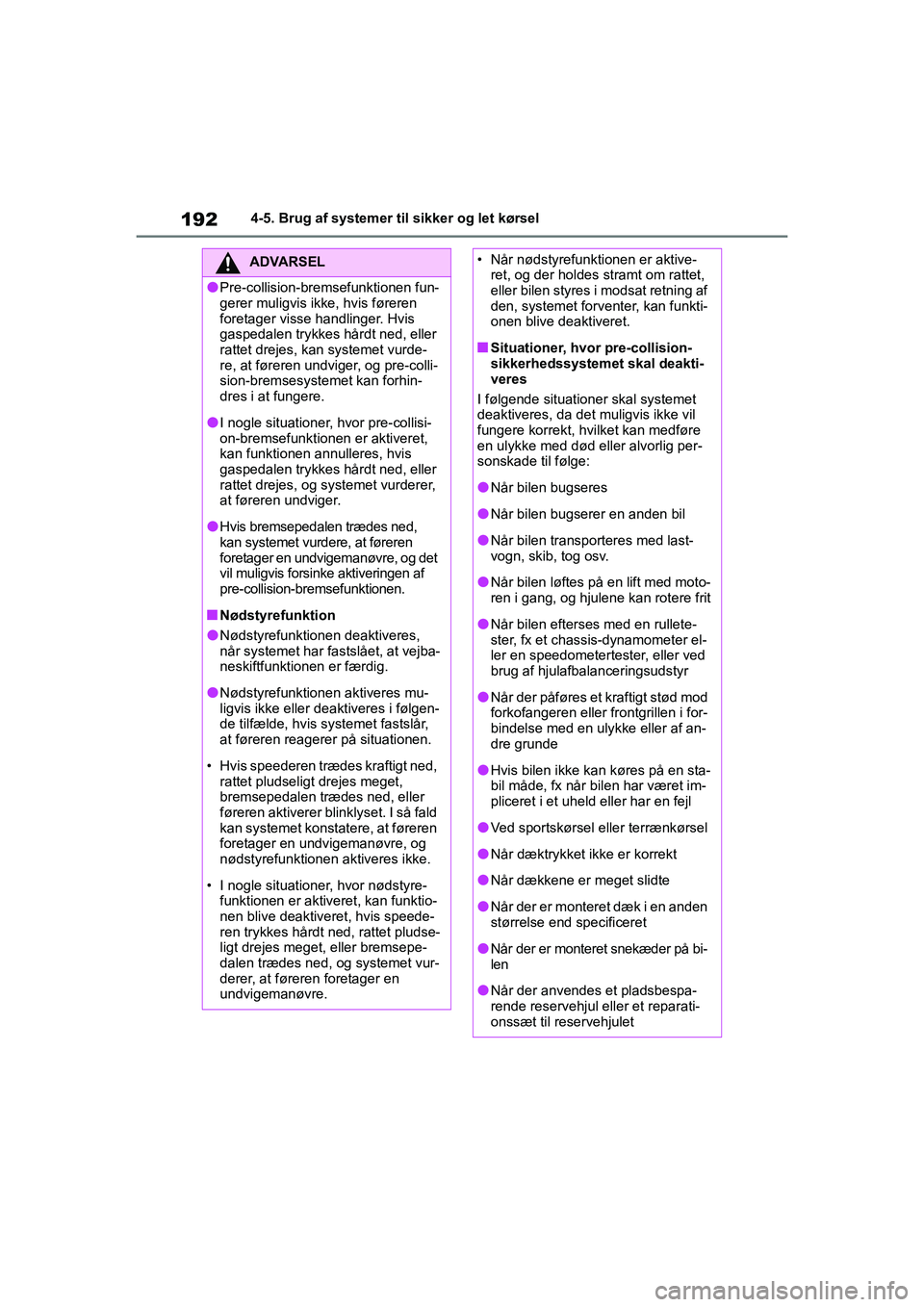 TOYOTA YARIS HATCHBACK 2021 Brugsanvisning (in Danish) 192
YARIS(HB) Owners Manual_Europe_MK0001_da
4-5. Brug af systemer til sikker og let kørsel
ADVARSEL
lPre-collision-bremsefunktionen fun-
gerer muligvis ikke, hvis føreren
foretager visse handling TOYOTA YARIS HATCHBACK 2021 Brugsanvisning (in Danish) 192
YARIS(HB) Owners Manual_Europe_MK0001_da
4-5. Brug af systemer til sikker og let kørsel
ADVARSEL
lPre-collision-bremsefunktionen fun-
gerer muligvis ikke, hvis føreren
foretager visse handling