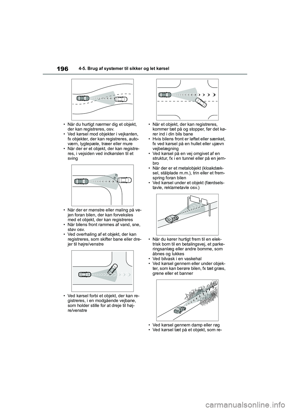 TOYOTA YARIS HATCHBACK 2021 Brugsanvisning (in Danish) 196
YARIS(HB) Owners Manual_Europe_MK0001_da
4-5. Brug af systemer til sikker og let kørsel
• Når du hurtigt nærmer dig et objekt, der kan registreres, osv.
• Ved kørsel mod objekter i vejka TOYOTA YARIS HATCHBACK 2021 Brugsanvisning (in Danish) 196
YARIS(HB) Owners Manual_Europe_MK0001_da
4-5. Brug af systemer til sikker og let kørsel
• Når du hurtigt nærmer dig et objekt, der kan registreres, osv.
• Ved kørsel mod objekter i vejka