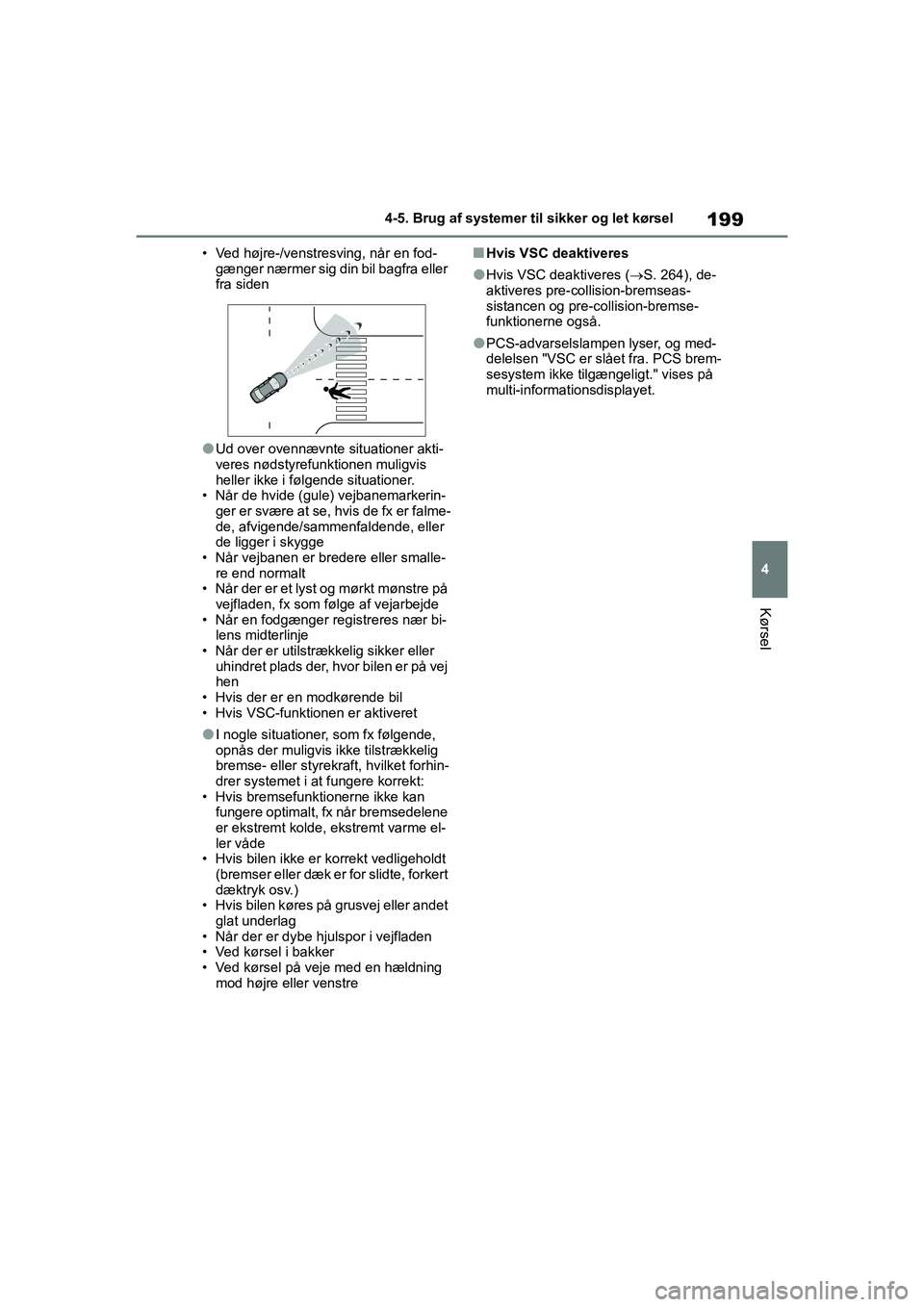 TOYOTA YARIS HATCHBACK 2021 Brugsanvisning (in Danish) 199
4
YARIS(HB) Owners Manual_Europe_MK0001_da
4-5. Brug af systemer til sikker og let kørsel
Kørsel
• Ved højre-/venstresving, når en fod-gænger nærmer sig din bil bagfra eller
fra siden
lU TOYOTA YARIS HATCHBACK 2021 Brugsanvisning (in Danish) 199
4
YARIS(HB) Owners Manual_Europe_MK0001_da
4-5. Brug af systemer til sikker og let kørsel
Kørsel
• Ved højre-/venstresving, når en fod-gænger nærmer sig din bil bagfra eller
fra siden
lU