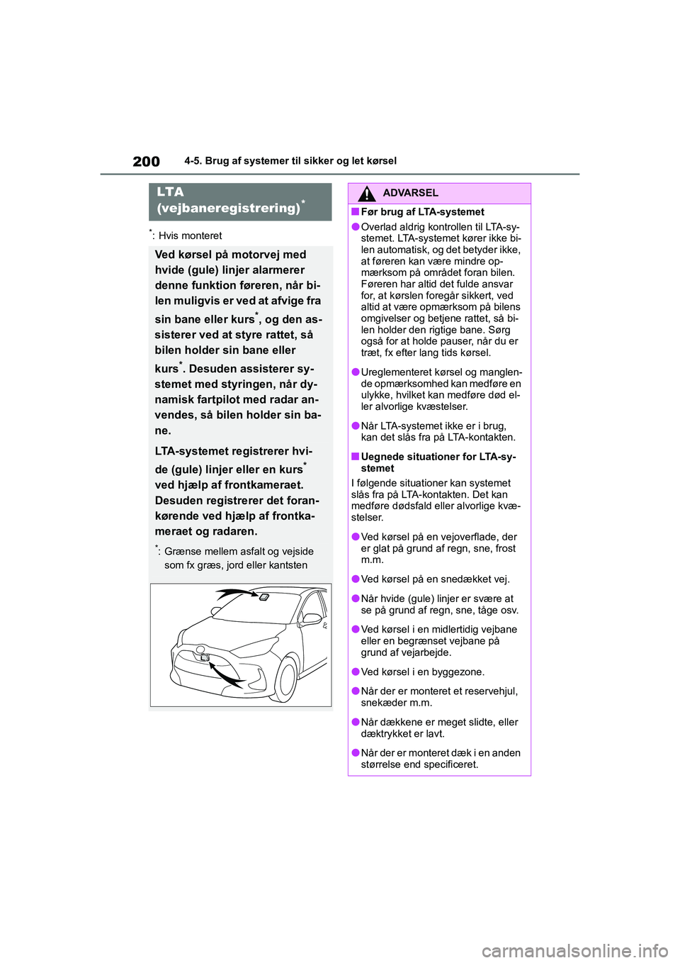 TOYOTA YARIS HATCHBACK 2021 Brugsanvisning (in Danish) 200
YARIS(HB) Owners Manual_Europe_MK0001_da
4-5. Brug af systemer til sikker og let kørsel
*: Hvis monteret
LTA
(vejbaneregistrering)*
Ved kørsel på motorvej med
hvide (gule) linjer alarmerer
TOYOTA YARIS HATCHBACK 2021 Brugsanvisning (in Danish) 200
YARIS(HB) Owners Manual_Europe_MK0001_da
4-5. Brug af systemer til sikker og let kørsel
*: Hvis monteret
LTA
(vejbaneregistrering)*
Ved kørsel på motorvej med
hvide (gule) linjer alarmerer