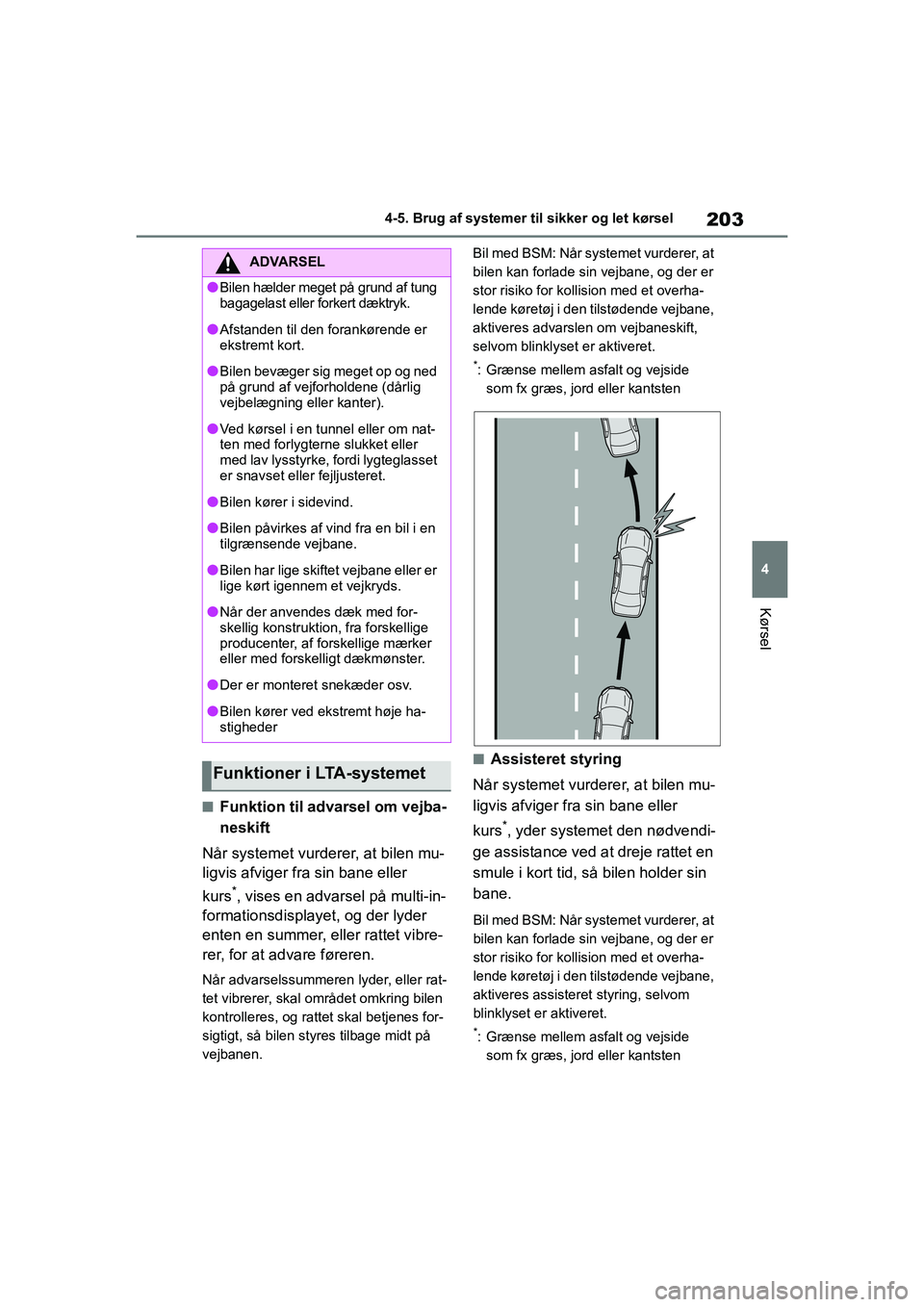 TOYOTA YARIS HATCHBACK 2021  Brugsanvisning (in Danish) 203
4
YARIS(HB) Owners Manual_Europe_MK0001_da
4-5. Brug af systemer til sikker og let kørsel
Kørsel
nFunktion til advarsel om vejba-
neskift
Når systemet vurderer, at bilen mu-
ligvis afviger fra
