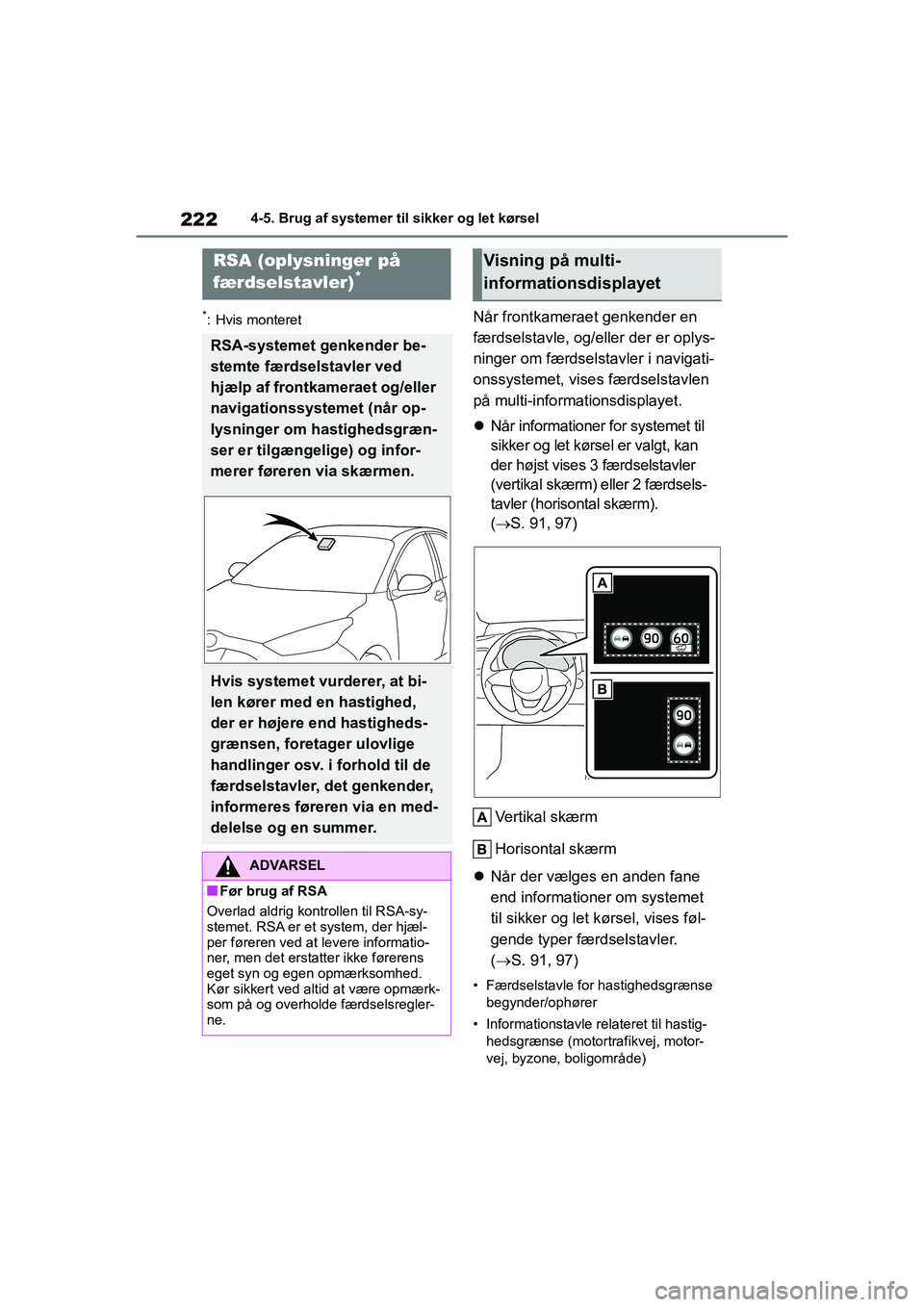TOYOTA YARIS HATCHBACK 2021 Brugsanvisning (in Danish) 222
YARIS(HB) Owners Manual_Europe_MK0001_da
4-5. Brug af systemer til sikker og let kørsel
*: Hvis monteretNår frontkameraet genkender en
færdselstavle, og/eller der er oplys-
ninger om færdsel TOYOTA YARIS HATCHBACK 2021 Brugsanvisning (in Danish) 222
YARIS(HB) Owners Manual_Europe_MK0001_da
4-5. Brug af systemer til sikker og let kørsel
*: Hvis monteretNår frontkameraet genkender en
færdselstavle, og/eller der er oplys-
ninger om færdsel