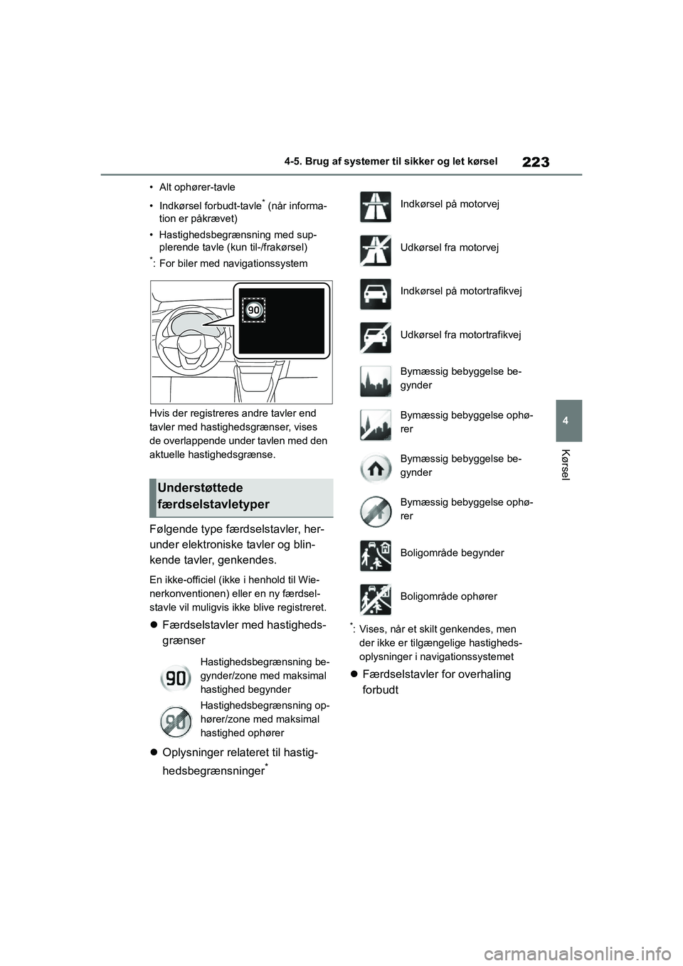 TOYOTA YARIS HATCHBACK 2021 Brugsanvisning (in Danish) 223
4
YARIS(HB) Owners Manual_Europe_MK0001_da
4-5. Brug af systemer til sikker og let kørsel
Kørsel
• Alt ophører-tavle
• Indkørsel forbudt-tavle
* (når informa-
tion er påkrævet)
• Has TOYOTA YARIS HATCHBACK 2021 Brugsanvisning (in Danish) 223
4
YARIS(HB) Owners Manual_Europe_MK0001_da
4-5. Brug af systemer til sikker og let kørsel
Kørsel
• Alt ophører-tavle
• Indkørsel forbudt-tavle
* (når informa-
tion er påkrævet)
• Has
