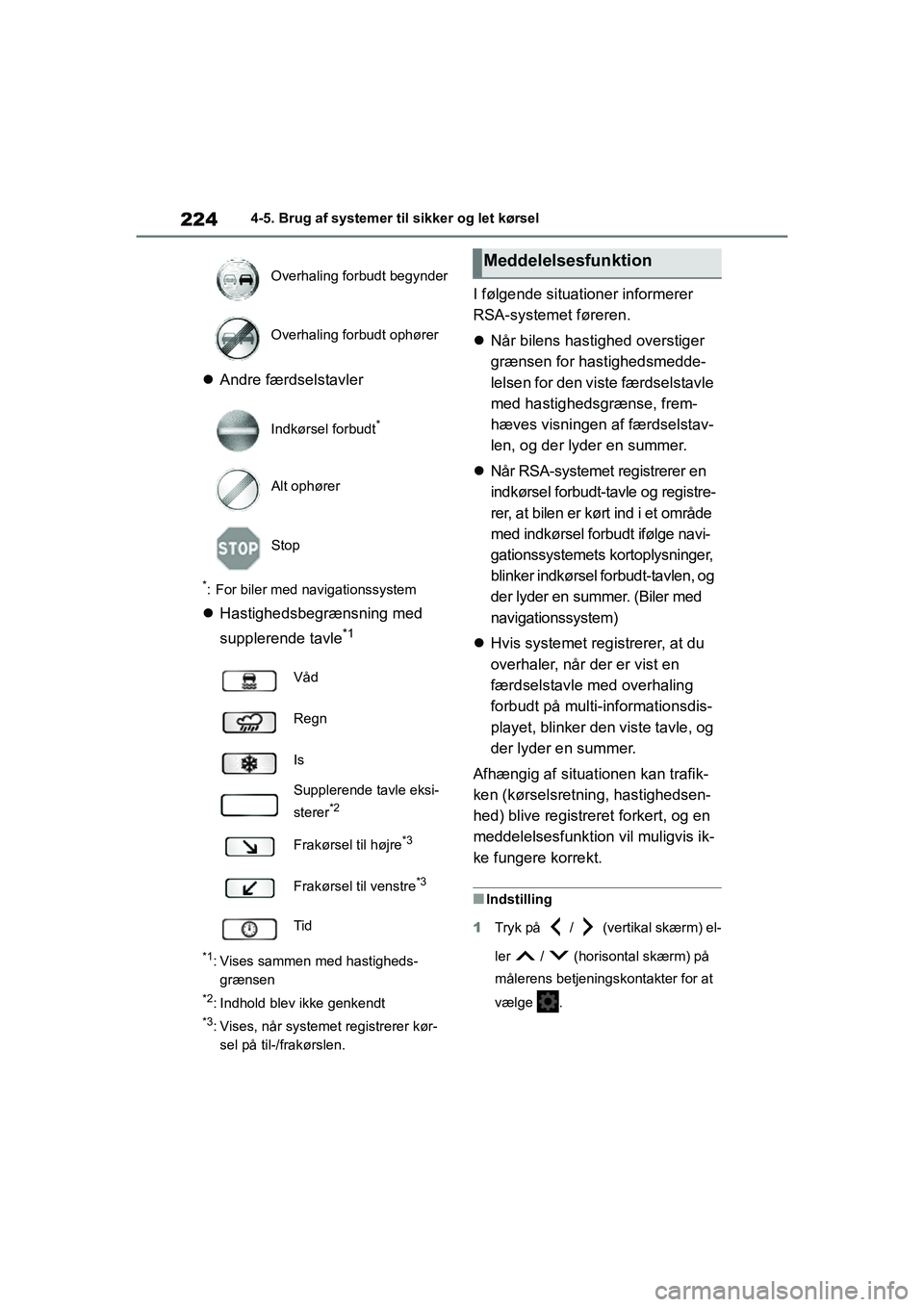 TOYOTA YARIS HATCHBACK 2021 Brugsanvisning (in Danish) 224
YARIS(HB) Owners Manual_Europe_MK0001_da
4-5. Brug af systemer til sikker og let kørsel
Andre færdselstavler
*: For biler med navigationssystem
Hastighedsbegrænsning med
supplerende tav TOYOTA YARIS HATCHBACK 2021 Brugsanvisning (in Danish) 224
YARIS(HB) Owners Manual_Europe_MK0001_da
4-5. Brug af systemer til sikker og let kørsel
Andre færdselstavler
*: For biler med navigationssystem
Hastighedsbegrænsning med
supplerende tav