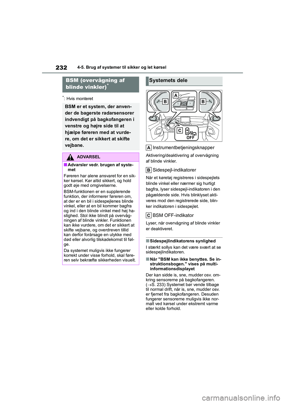TOYOTA YARIS HATCHBACK 2021 Brugsanvisning (in Danish) 232
YARIS(HB) Owners Manual_Europe_MK0001_da
4-5. Brug af systemer til sikker og let kørsel
*: Hvis monteret
Instrumentbetjeningsknapper
Aktivering/deaktivering af overvågning
af blinde vinkler.
S TOYOTA YARIS HATCHBACK 2021 Brugsanvisning (in Danish) 232
YARIS(HB) Owners Manual_Europe_MK0001_da
4-5. Brug af systemer til sikker og let kørsel
*: Hvis monteret
Instrumentbetjeningsknapper
Aktivering/deaktivering af overvågning
af blinde vinkler.
S