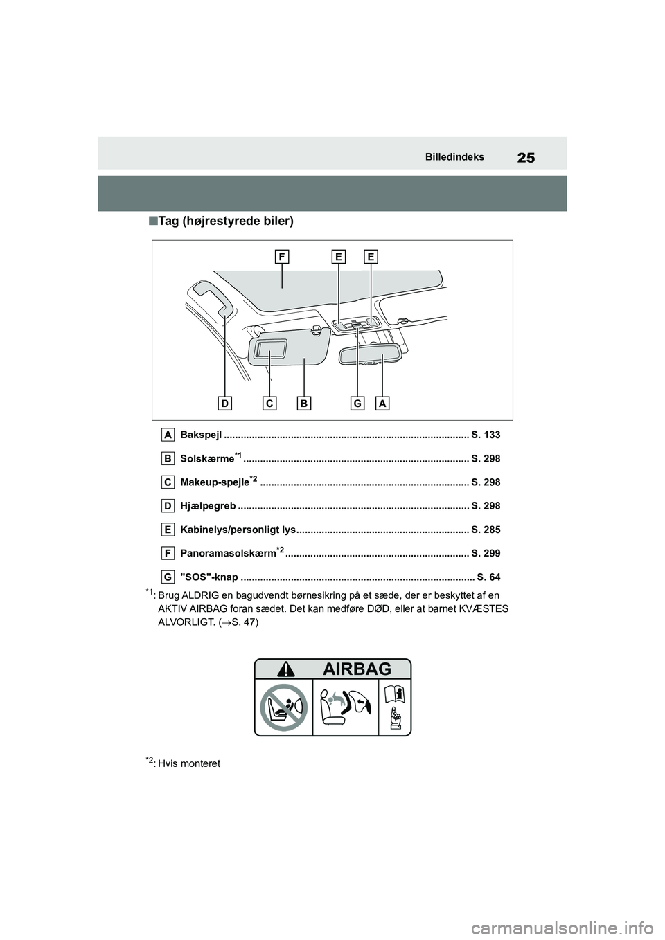 TOYOTA YARIS HATCHBACK 2021 Brugsanvisning (in Danish) 25
YARIS(HB) Owners Manual_Europe_MK0001_da
Billedindeks
nTag (højrestyrede biler)
Bakspejl ........................................................................................ S. 133
Solskærme TOYOTA YARIS HATCHBACK 2021 Brugsanvisning (in Danish) 25
YARIS(HB) Owners Manual_Europe_MK0001_da
Billedindeks
nTag (højrestyrede biler)
Bakspejl ........................................................................................ S. 133
Solskærme